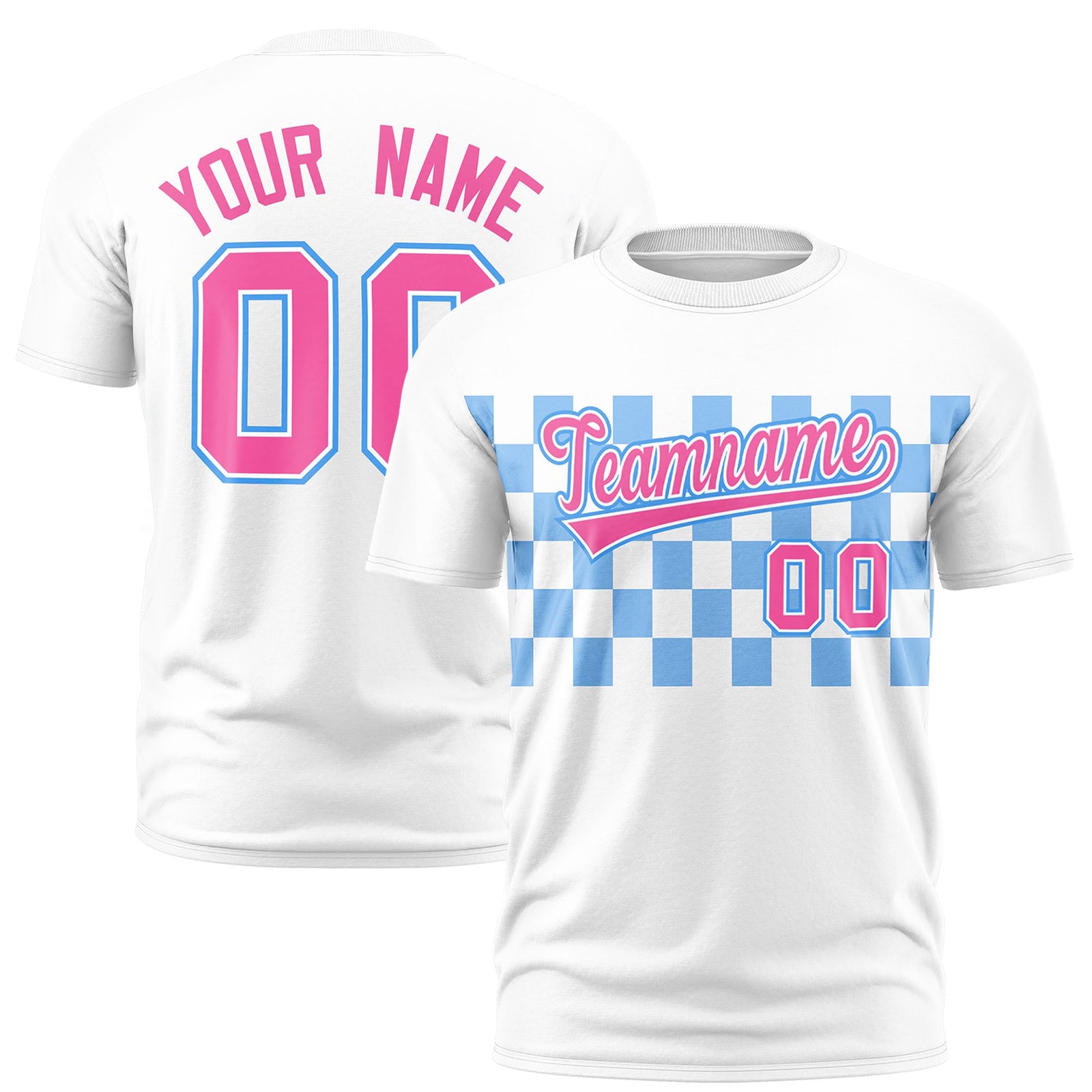 Custom White Powder Blue Crew neck Plaid Pattern Personalized Performance T-Shirt