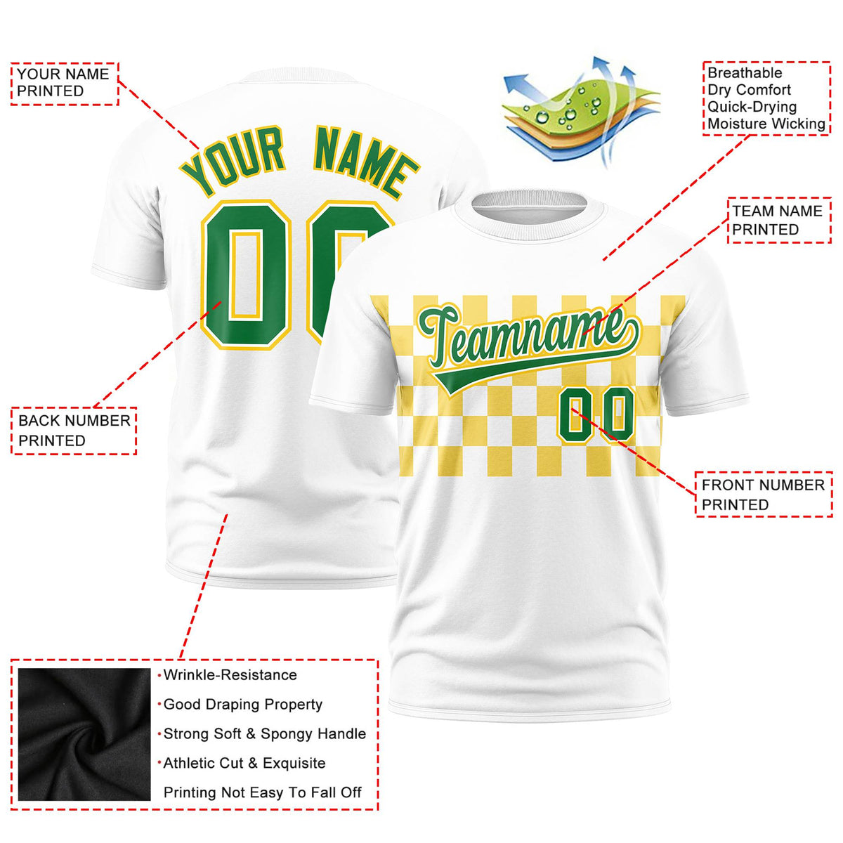 Custom White Gold Crew neck Plaid Pattern Personalized Performance T-Shirt