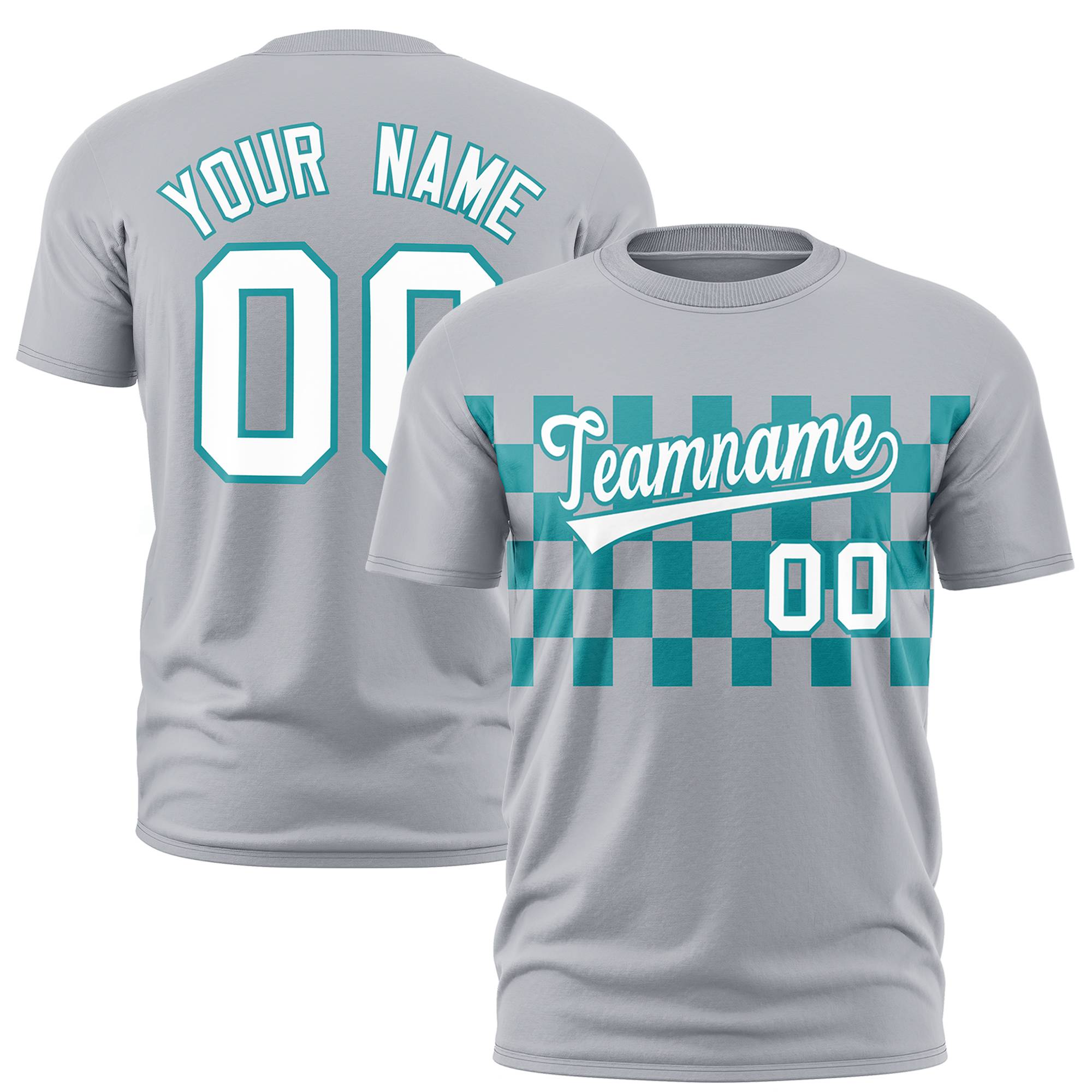 Custom Gray Aqua Crew neck Plaid Pattern Personalized Performance T-Shirt