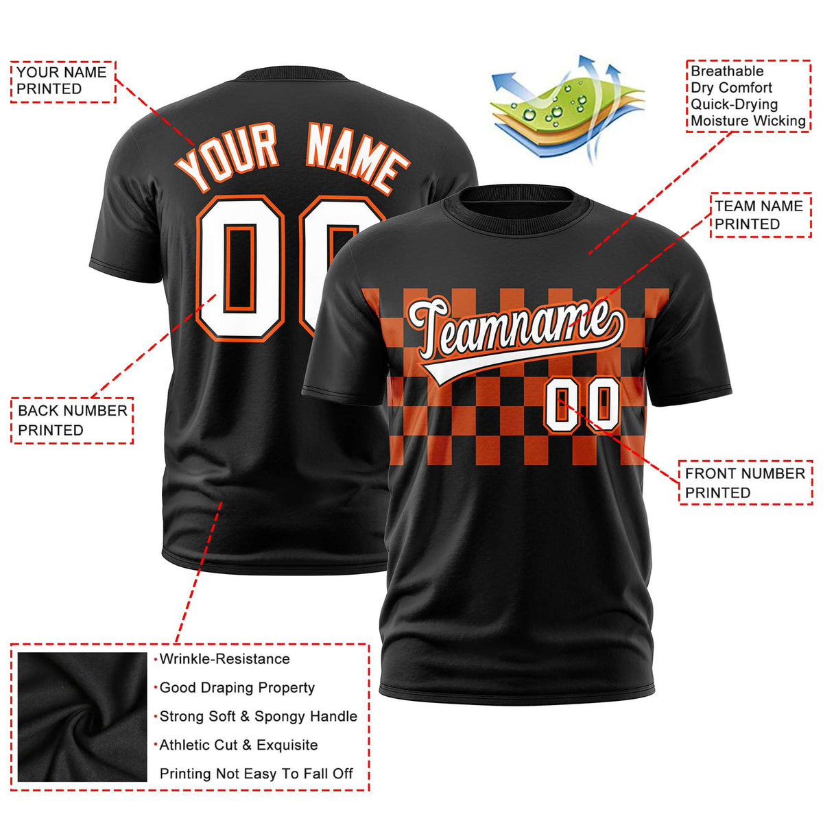 Custom Black Orange Crew neck Plaid Pattern Personalized Performance T-Shirt