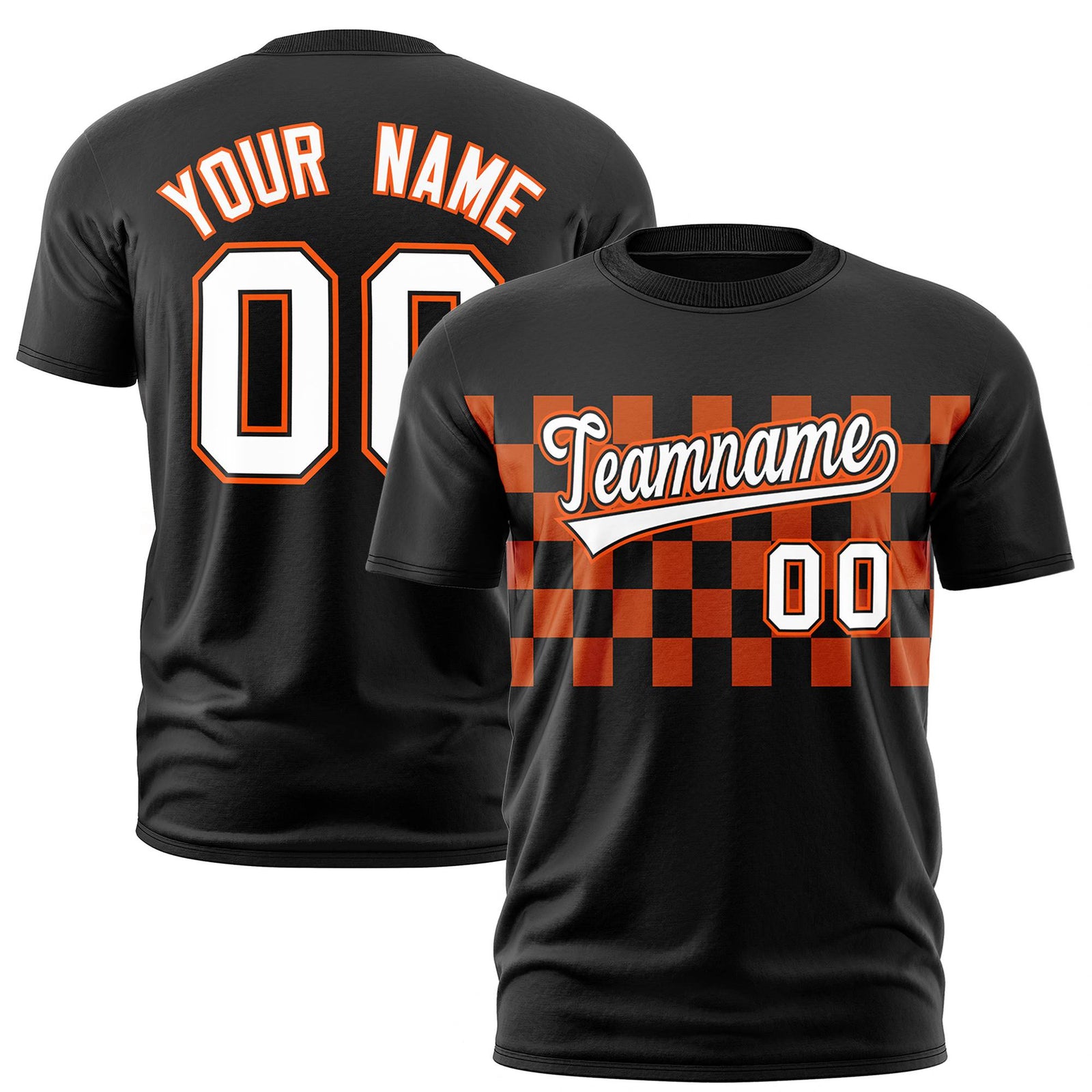 Custom Black Orange Crew neck Plaid Pattern Personalized Performance T-Shirt