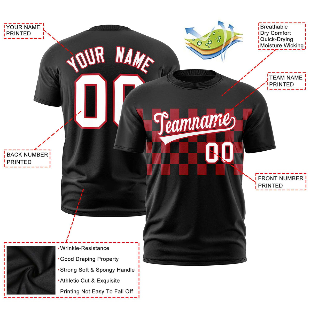 Custom Black Red Crew neck Plaid Pattern Personalized Performance T-Shirt