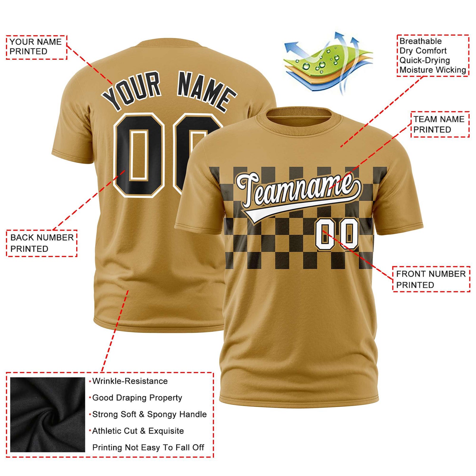 Custom Old Gold Black Crew neck Plaid Pattern Personalized Performance T-Shirt