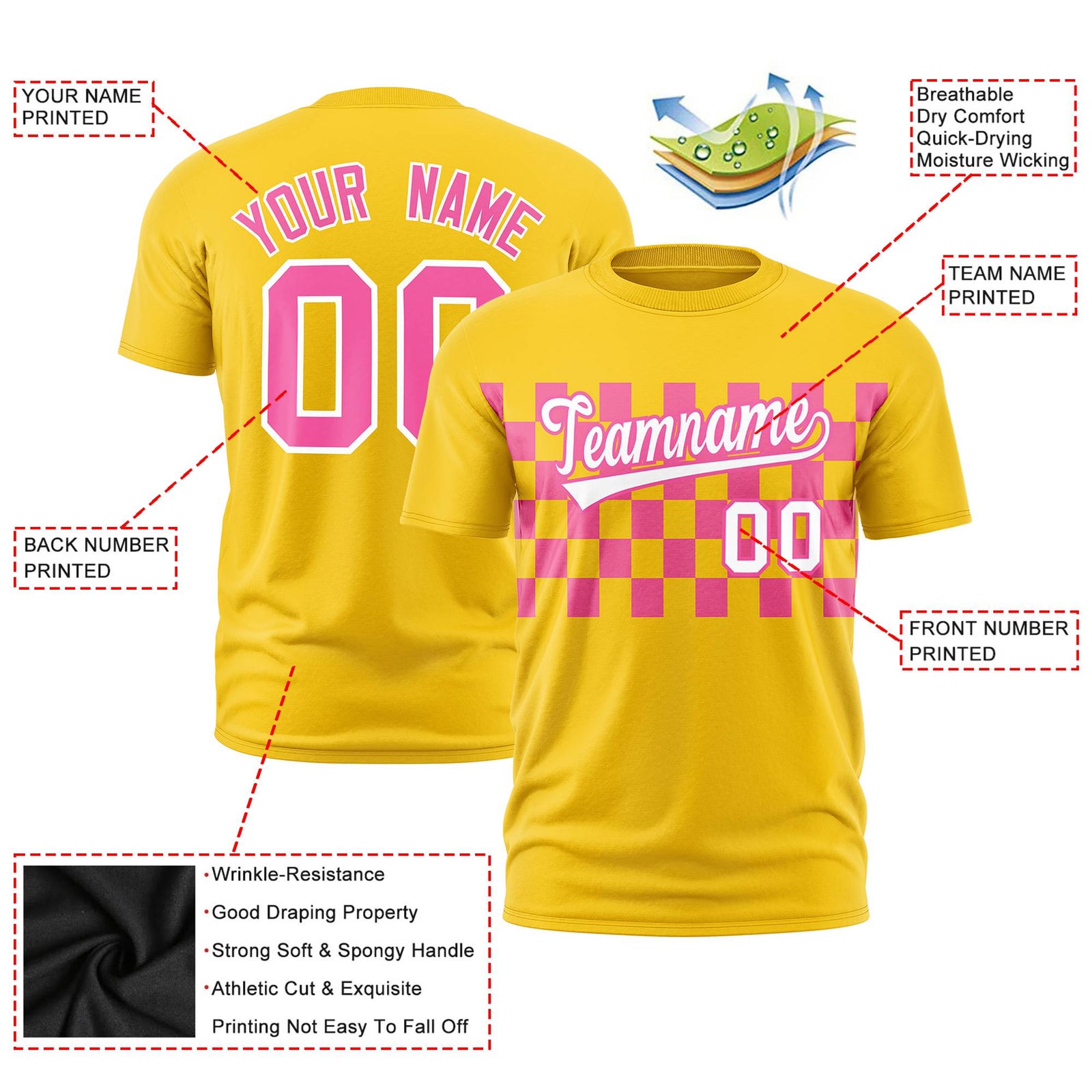 Custom Gold-01 Pink Crew neck Plaid Pattern Personalized Performance T-Shirt