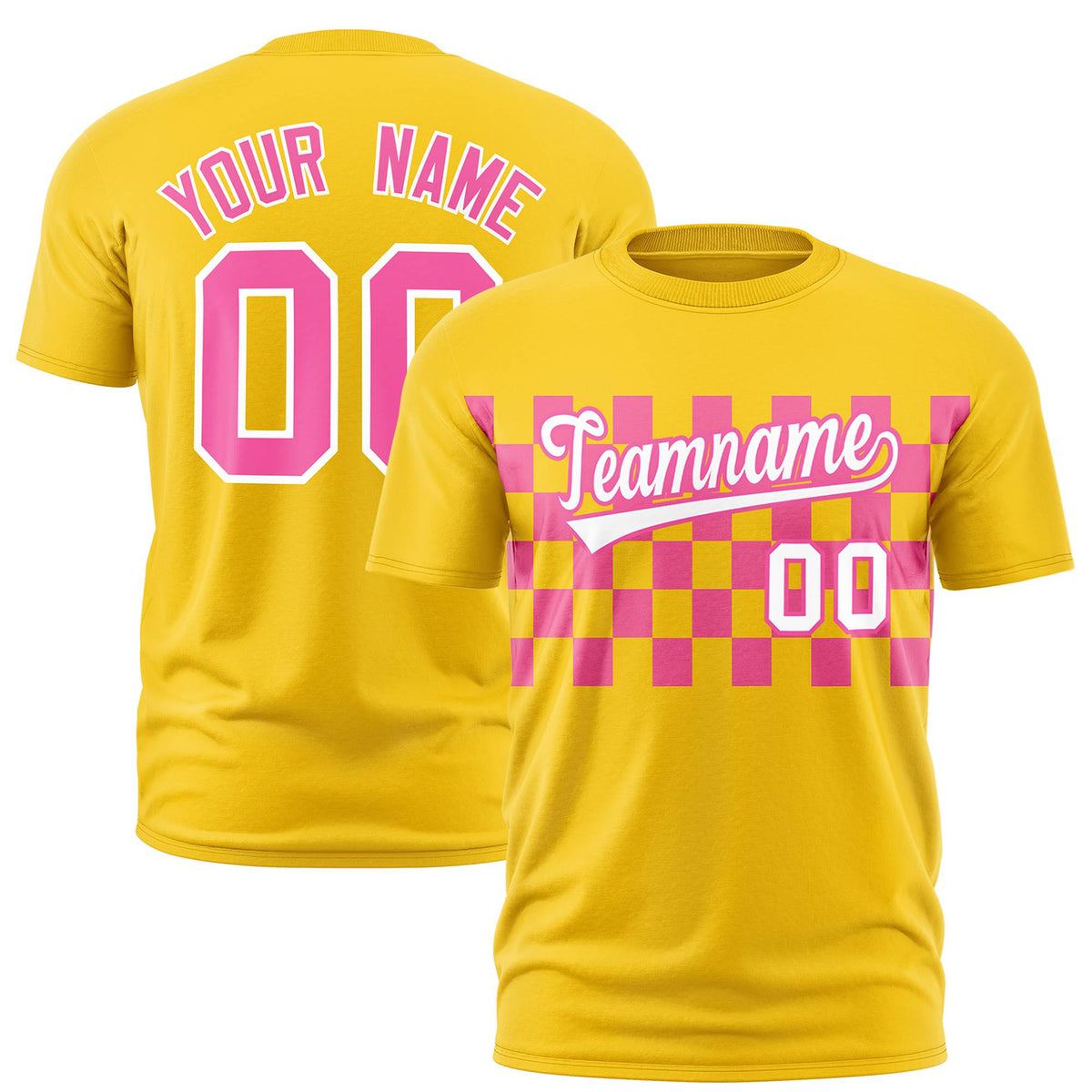 Custom Gold-01 Pink Crew neck Plaid Pattern Personalized Performance T-Shirt