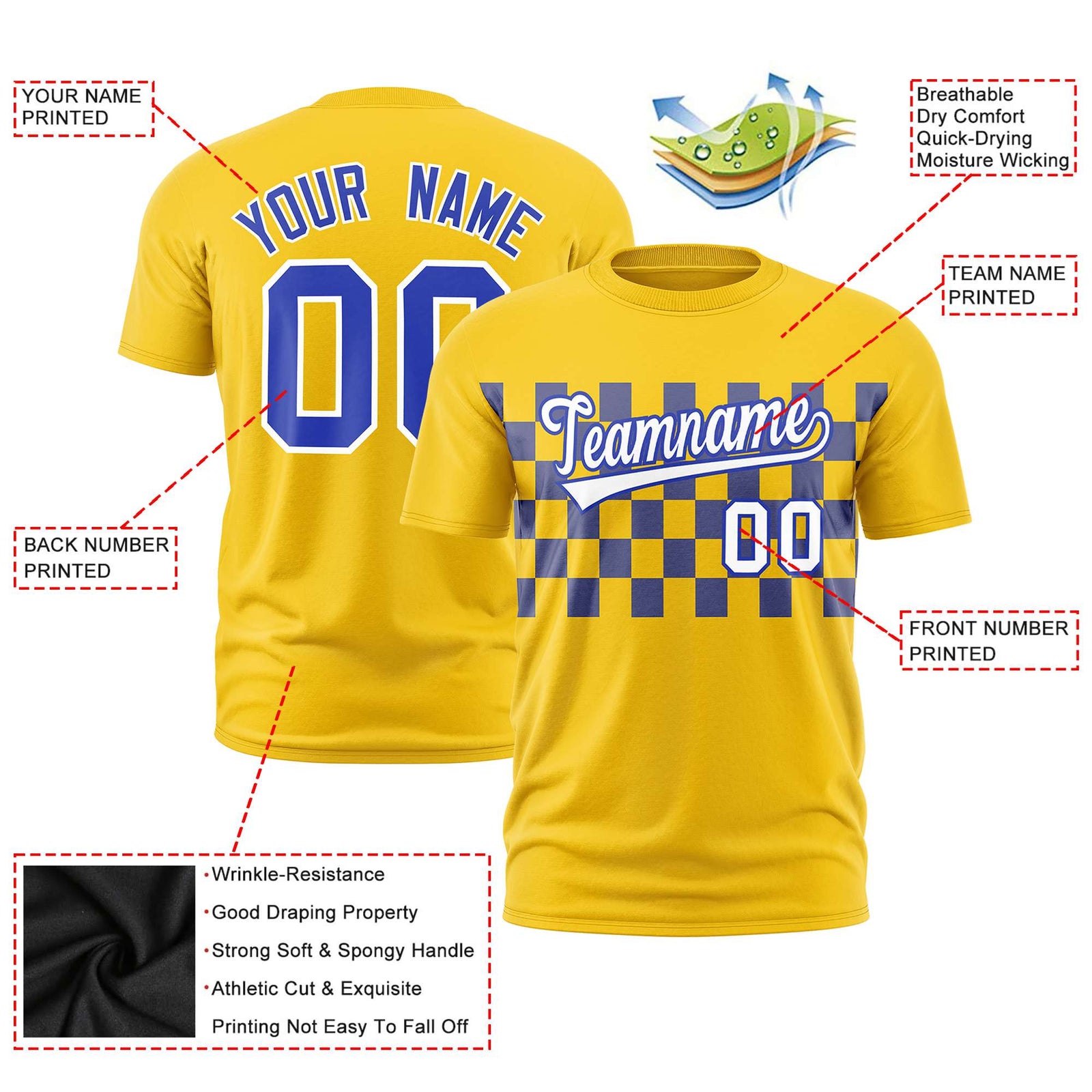Custom Gold-01 Royal Blue Crew neck Plaid Pattern Personalized Performance T-Shirt