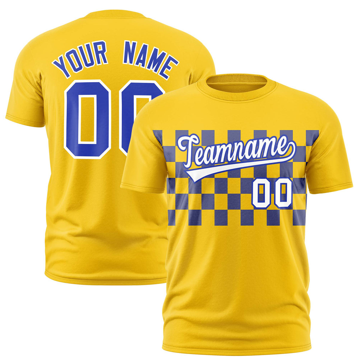 Custom Gold-01 Royal Blue Crew neck Plaid Pattern Personalized Performance T-Shirt