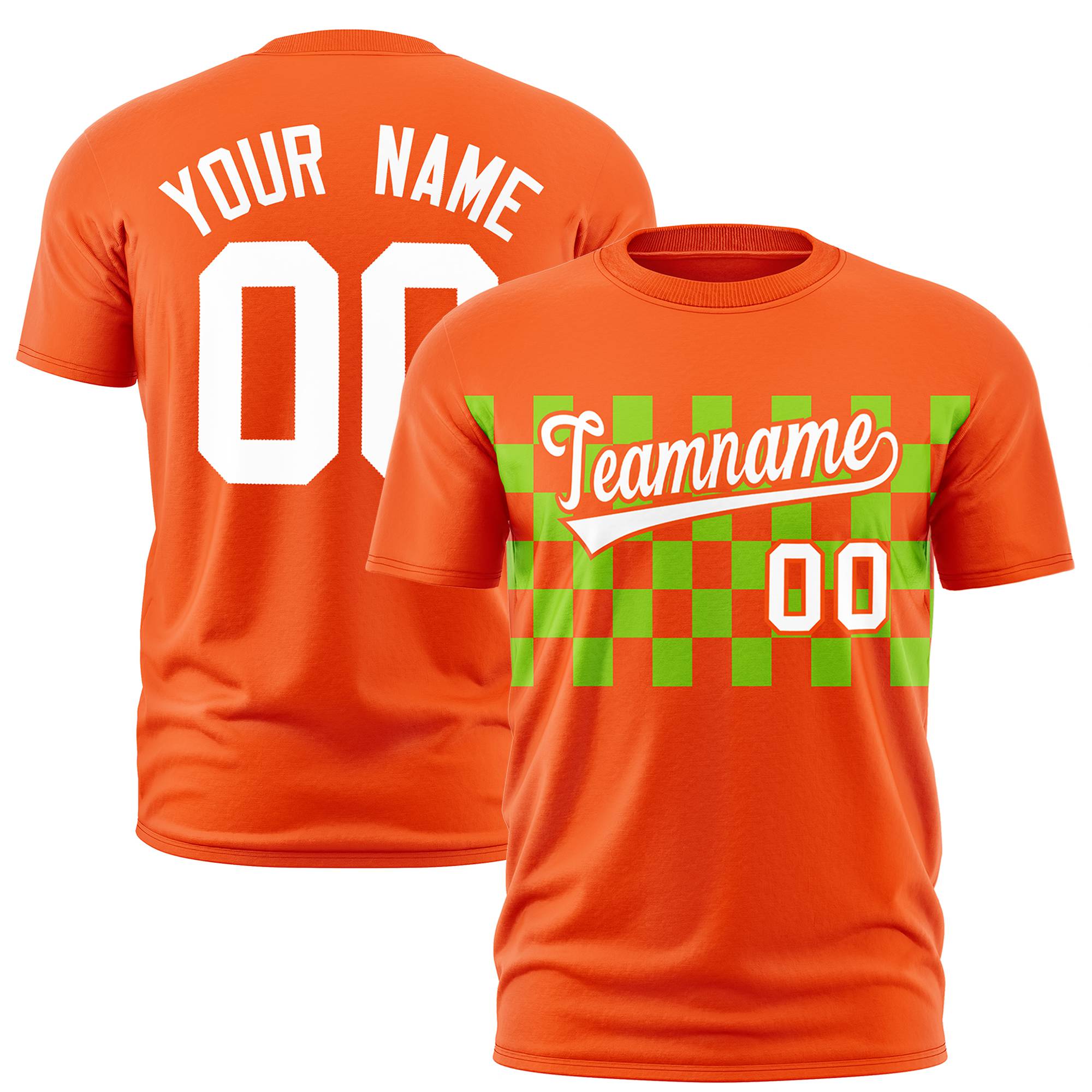 Custom Orange Neon Green Crew neck Plaid Pattern Personalized Performance T-Shirt