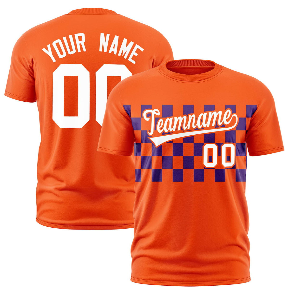 Custom Orange Purple Crew neck Plaid Pattern Personalized Performance T-Shirt