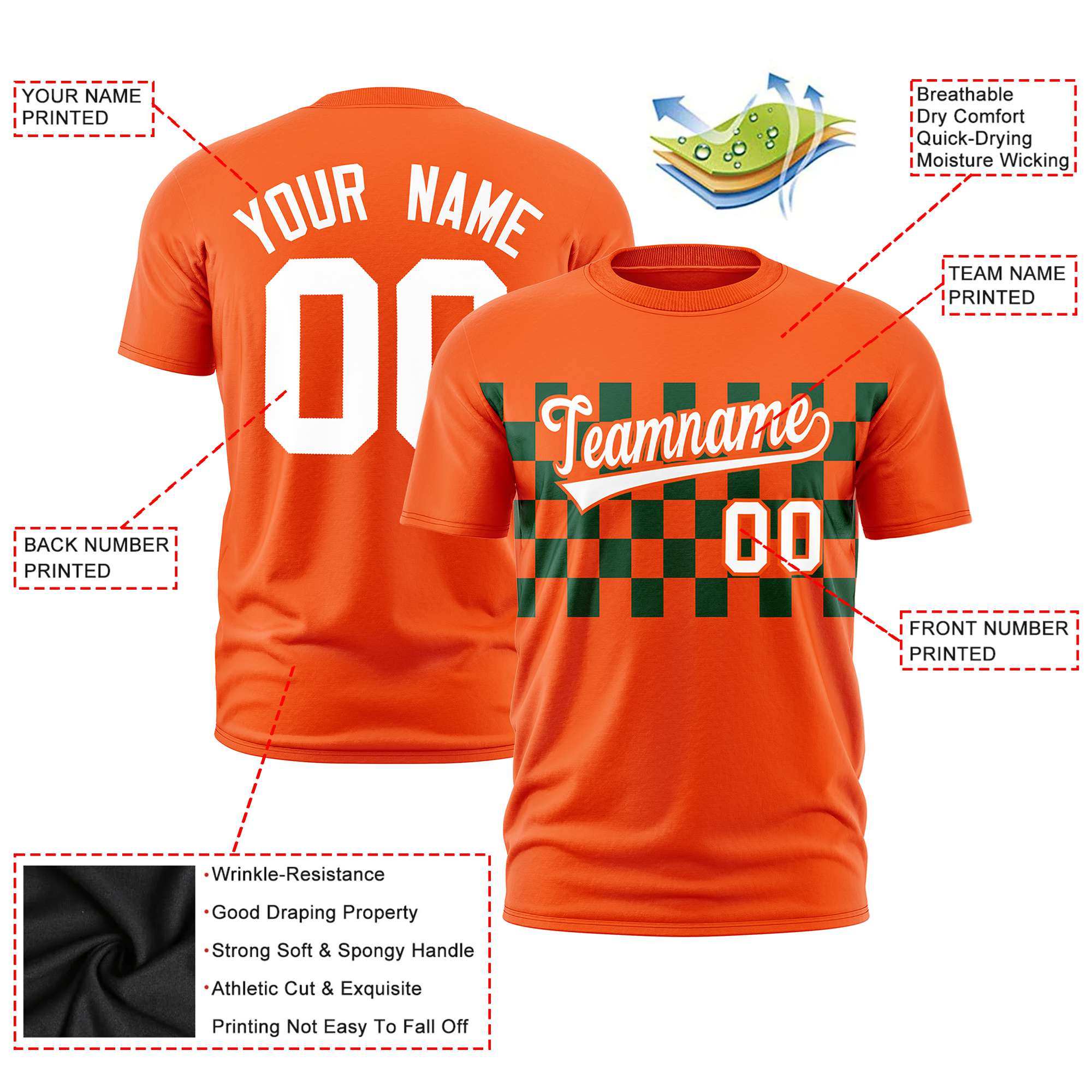 Custom Orange Green Crew neck Plaid Pattern Personalized Performance T-Shirt