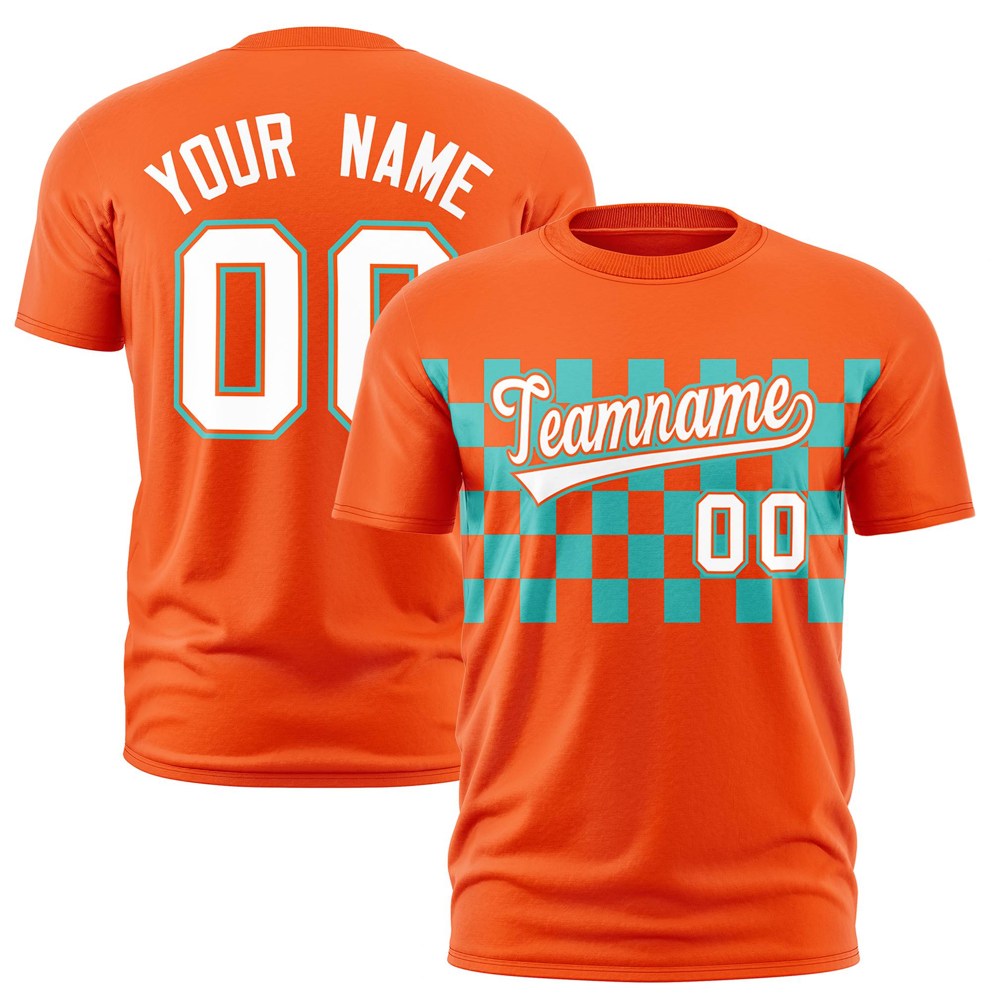 Custom Orange Aqua Crew neck Plaid Pattern Personalized Performance T-Shirt