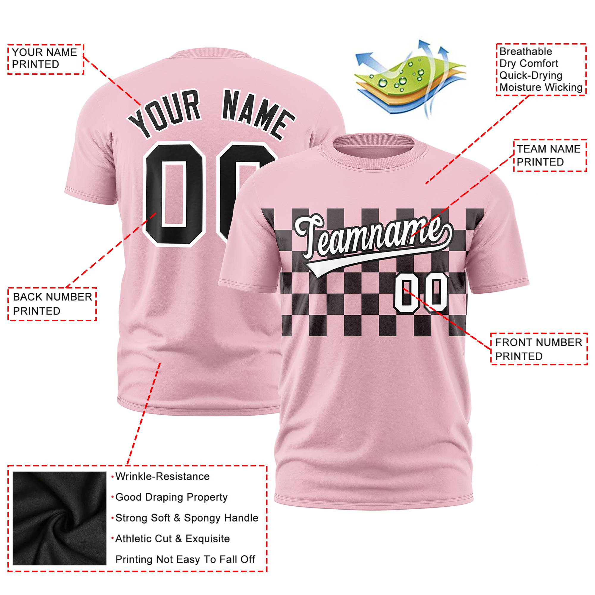 Custom Light Pink Black Crew neck Plaid Pattern Personalized Performance T-Shirt