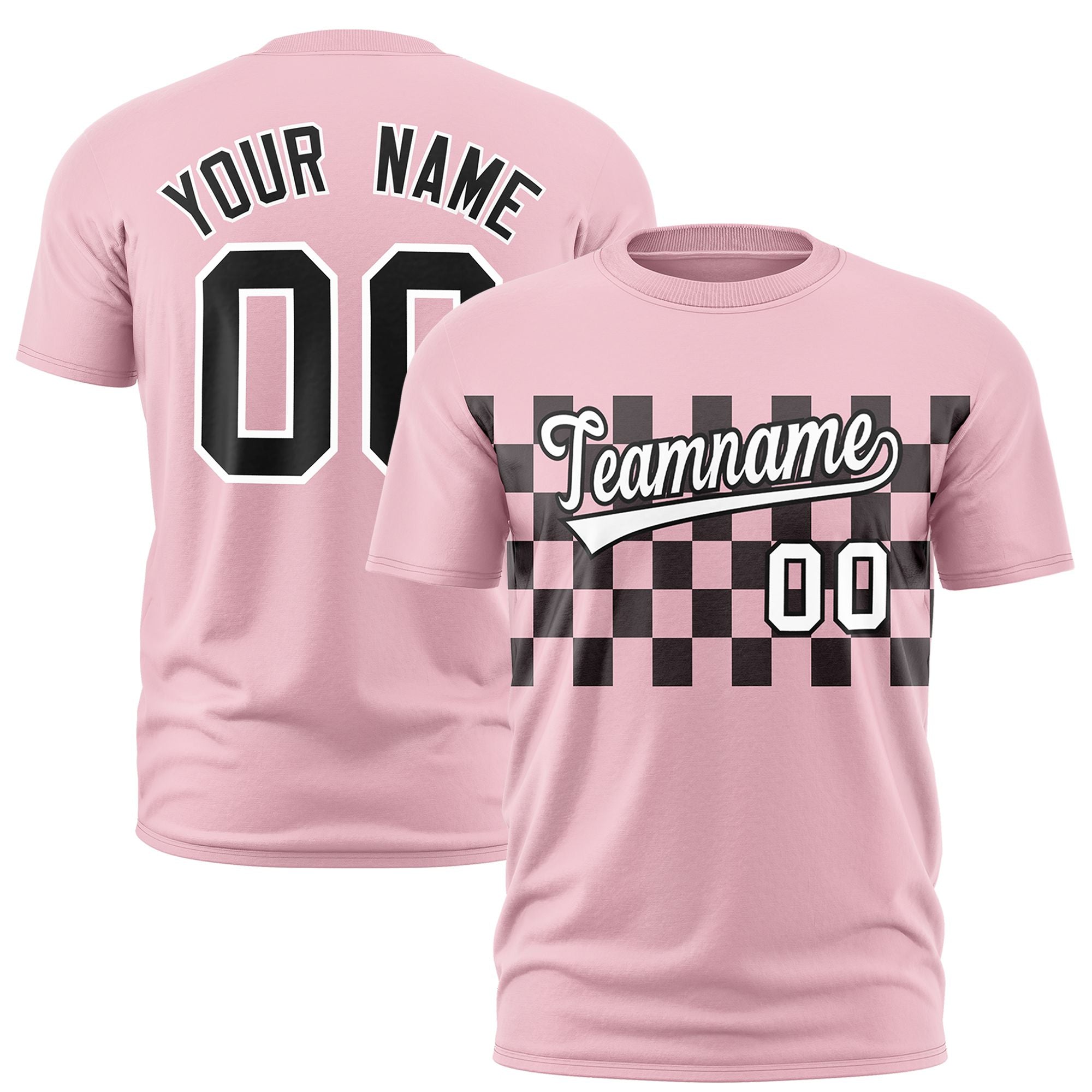 Custom Light Pink Black Crew neck Plaid Pattern Personalized Performance T-Shirt