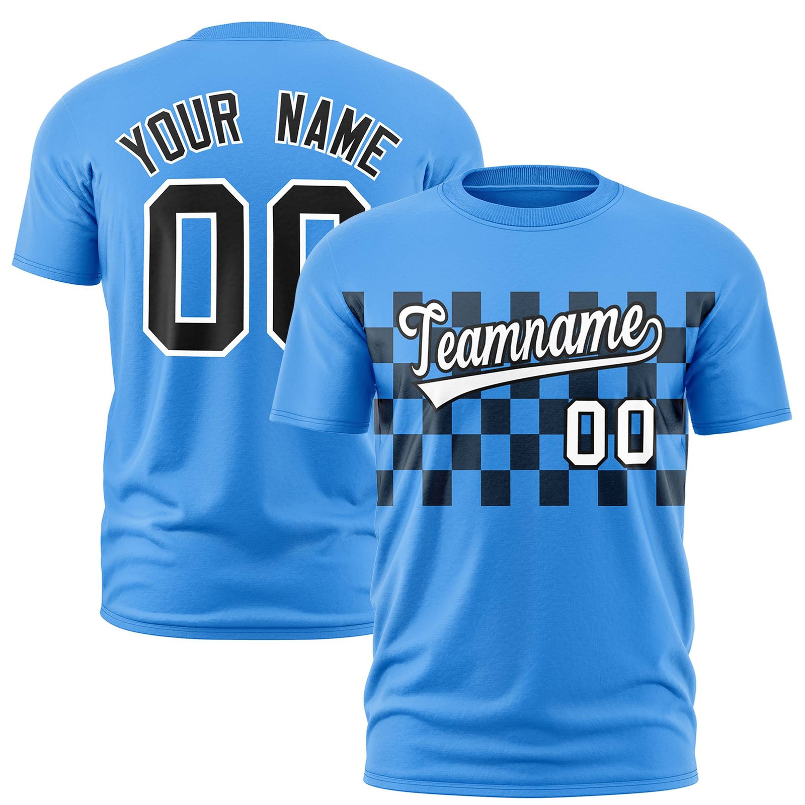 Custom Powder Blue Black Crew neck Plaid Pattern Personalized Performance T-Shirt