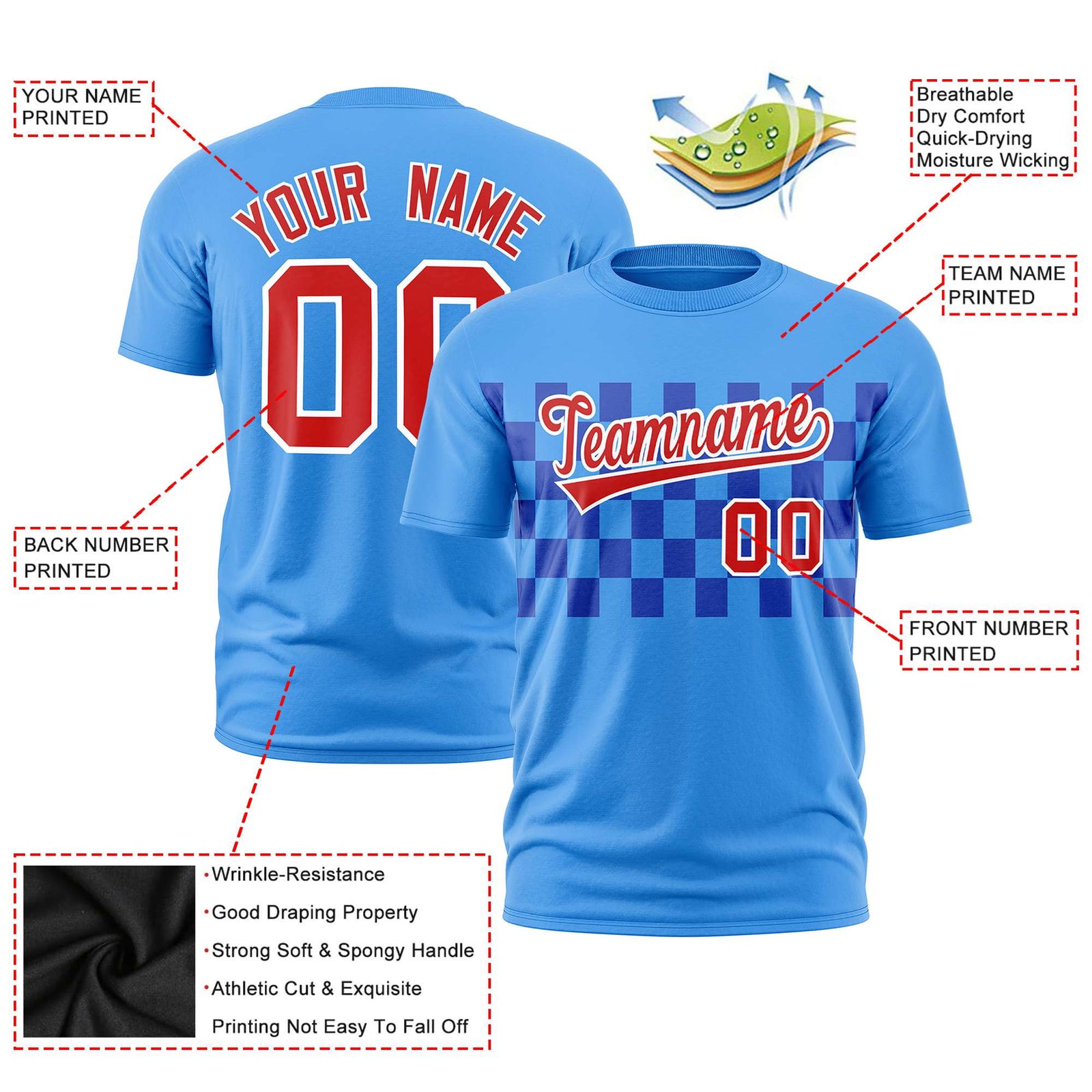 Custom Powder Blue Red Crew neck Plaid Pattern Personalized Performance T-Shirt