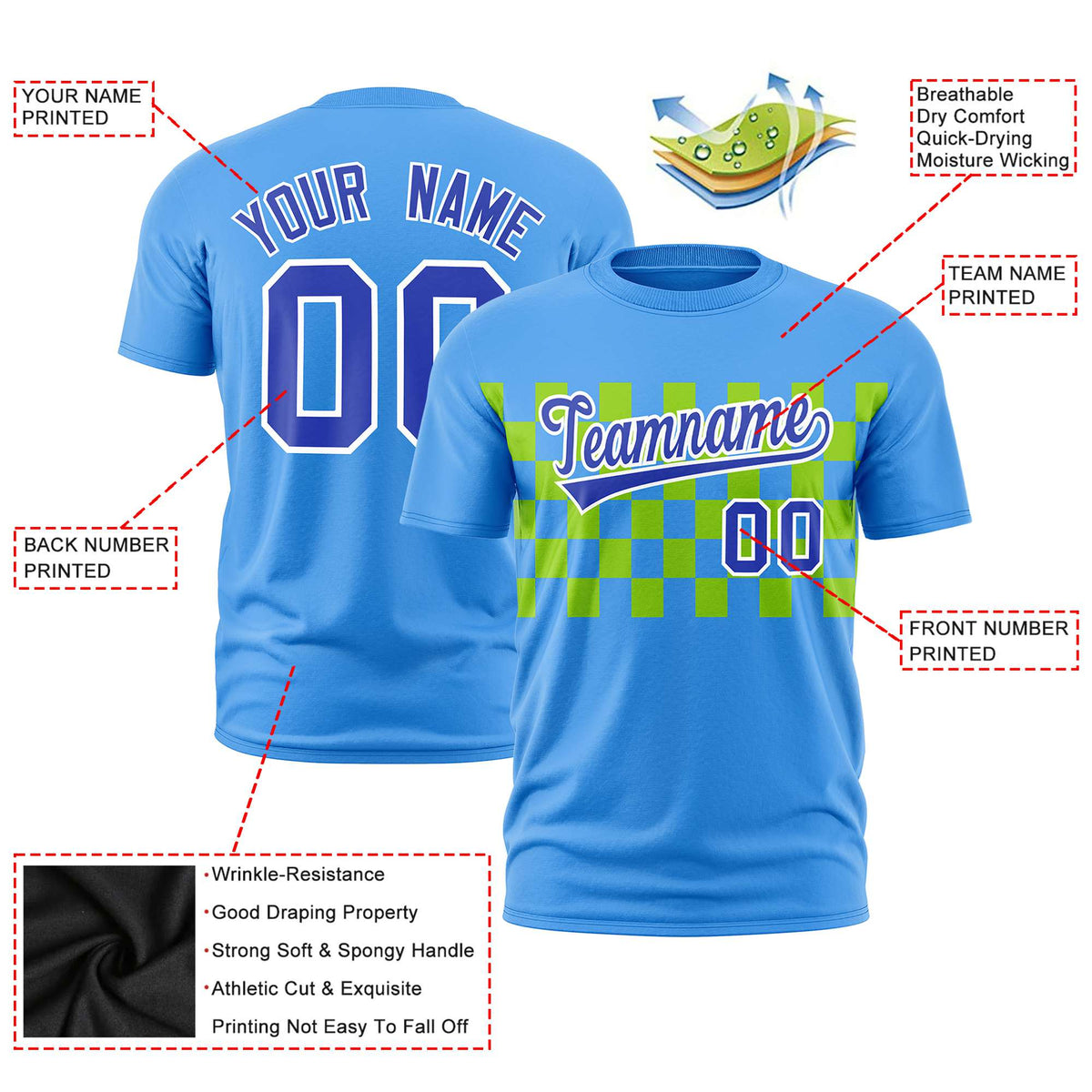 Custom Powder Blue Neon Green Crew neck Plaid Pattern Personalized Performance T-Shirt
