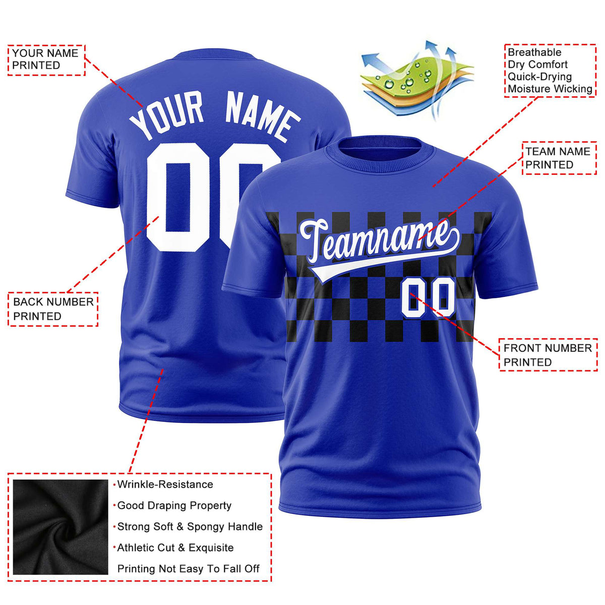 Custom Royal Blue Black Crew neck Plaid Pattern Personalized Performance T-Shirt