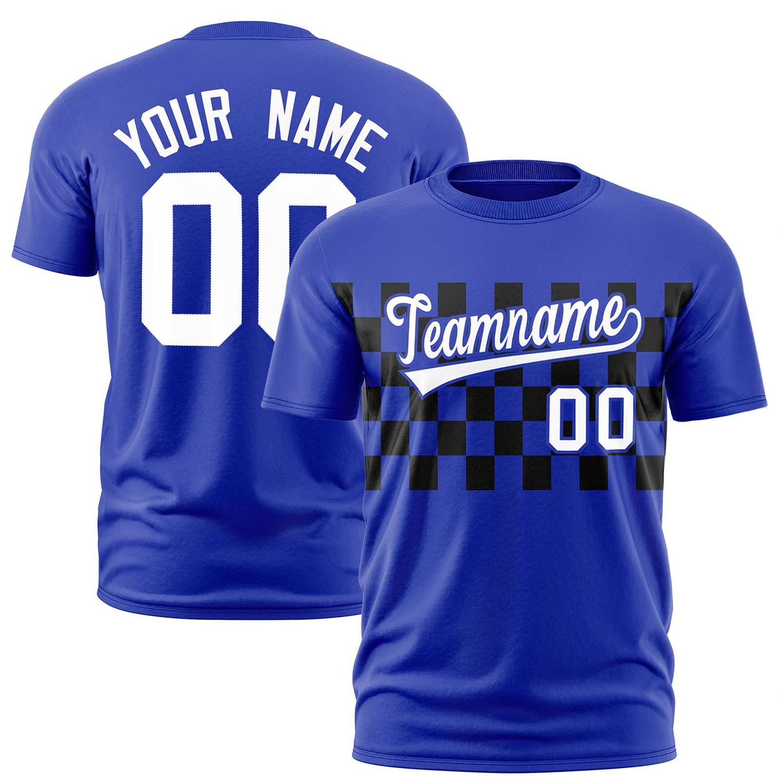 Custom Royal Blue Black Crew neck Plaid Pattern Personalized Performance T-Shirt