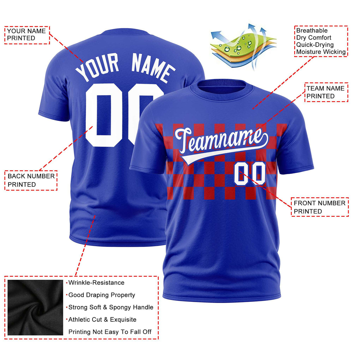 Custom Royal Blue Red Crew neck Plaid Pattern Personalized Performance T-Shirt