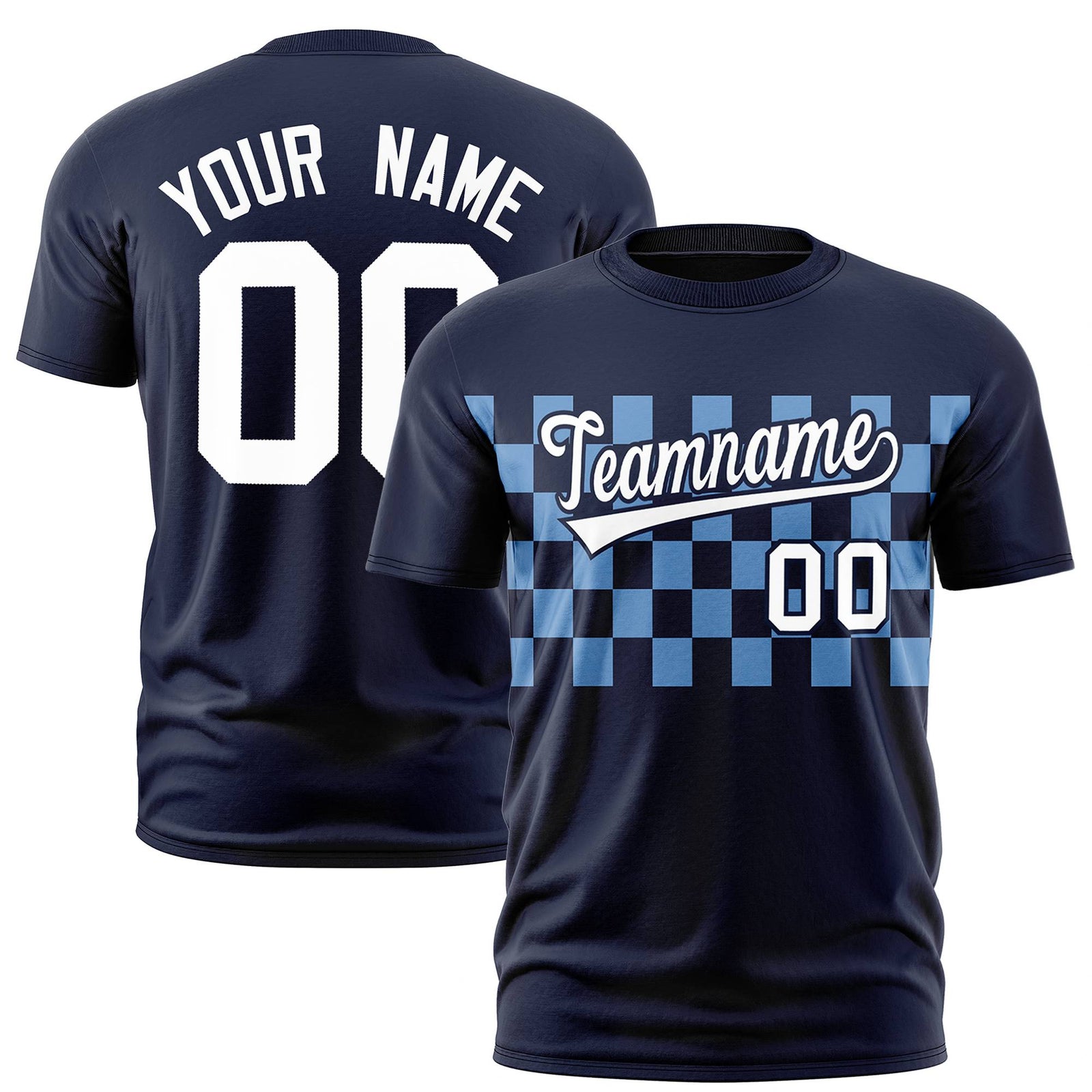 Custom Navy Powder Blue Crew neck Plaid Pattern Personalized Performance T-Shirt