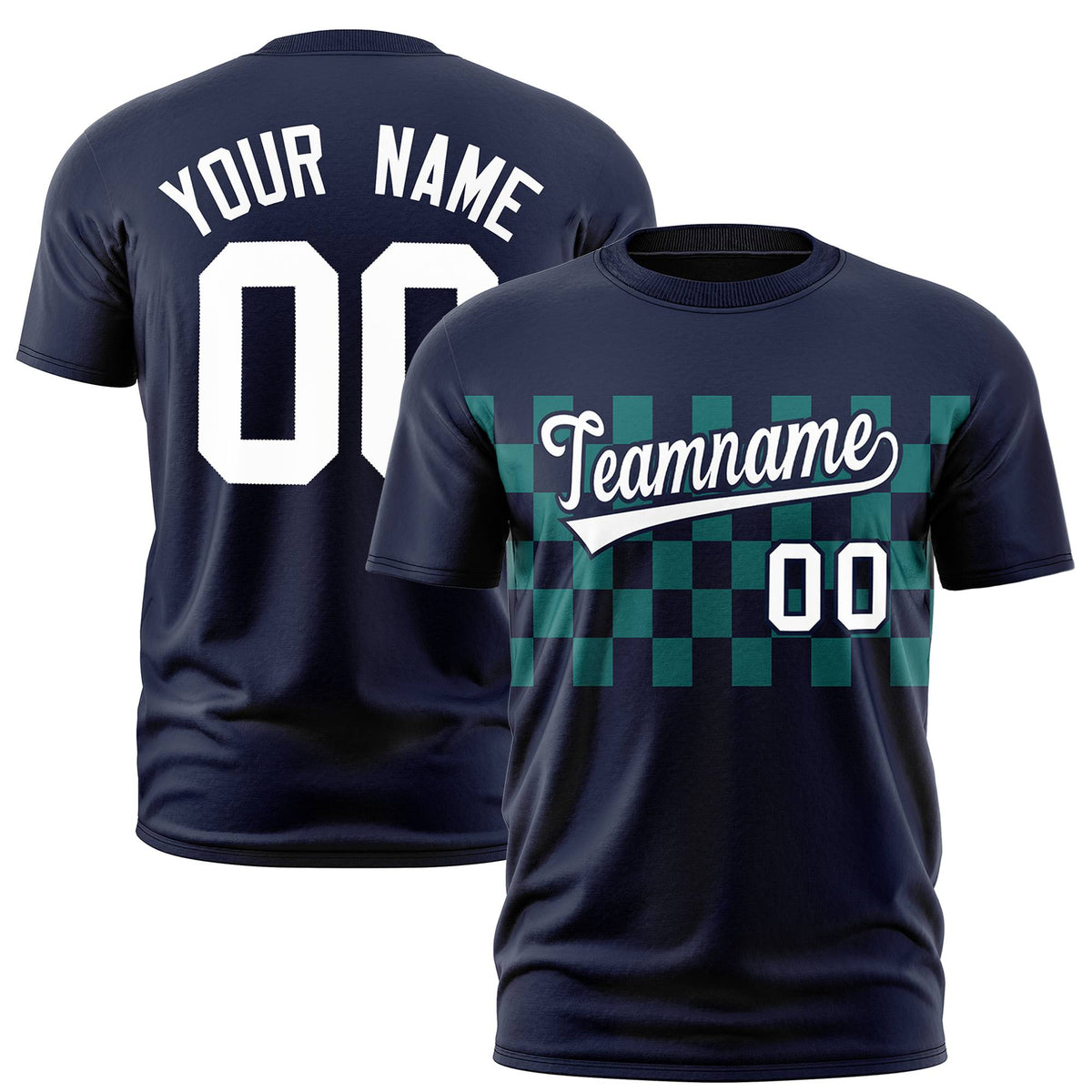 Custom Navy Teal Crew neck Plaid Pattern Personalized Performance T-Shirt