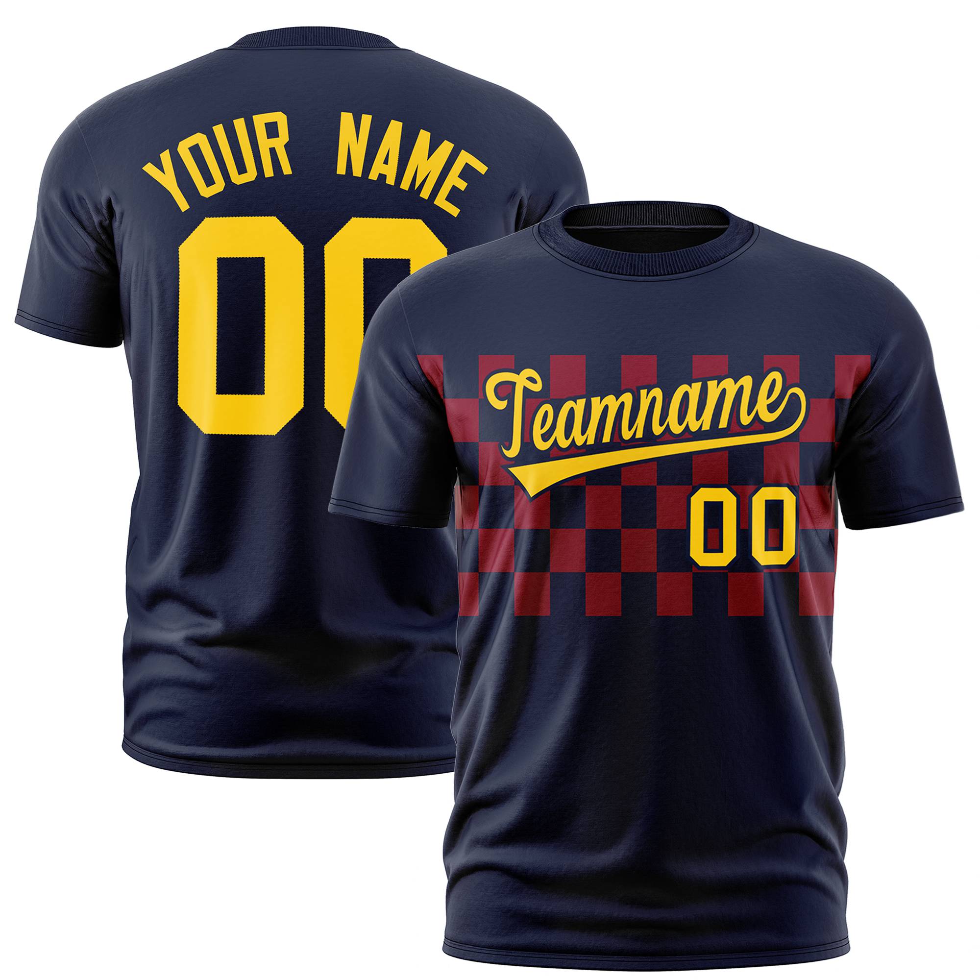 Custom Navy Crimson Crew neck Plaid Pattern Personalized Performance T-Shirt