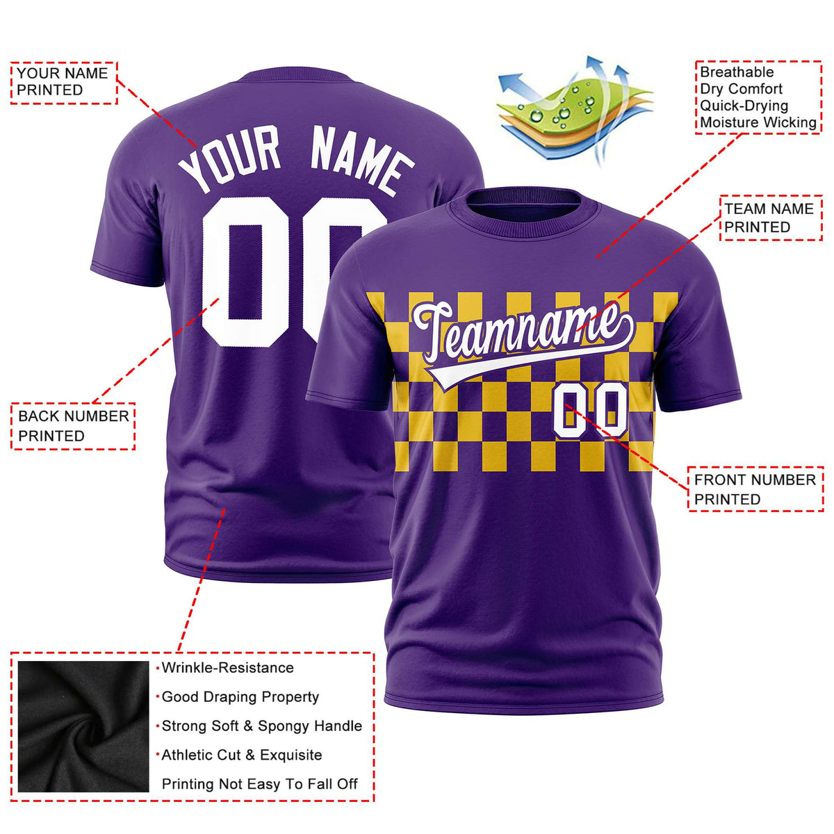 Custom Purple Yellow Crew neck Plaid Pattern Personalized Performance T-Shirt