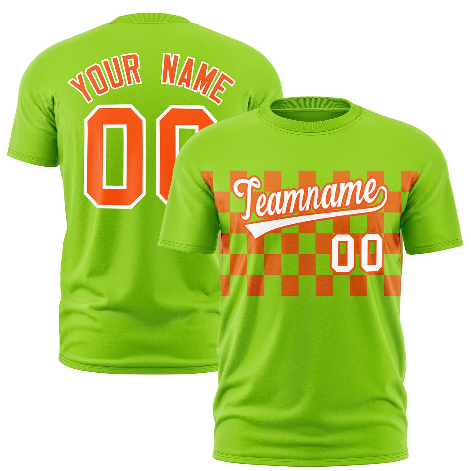 Custom Neon Green Orange Crew neck Plaid Pattern Personalized Performance T-Shirt