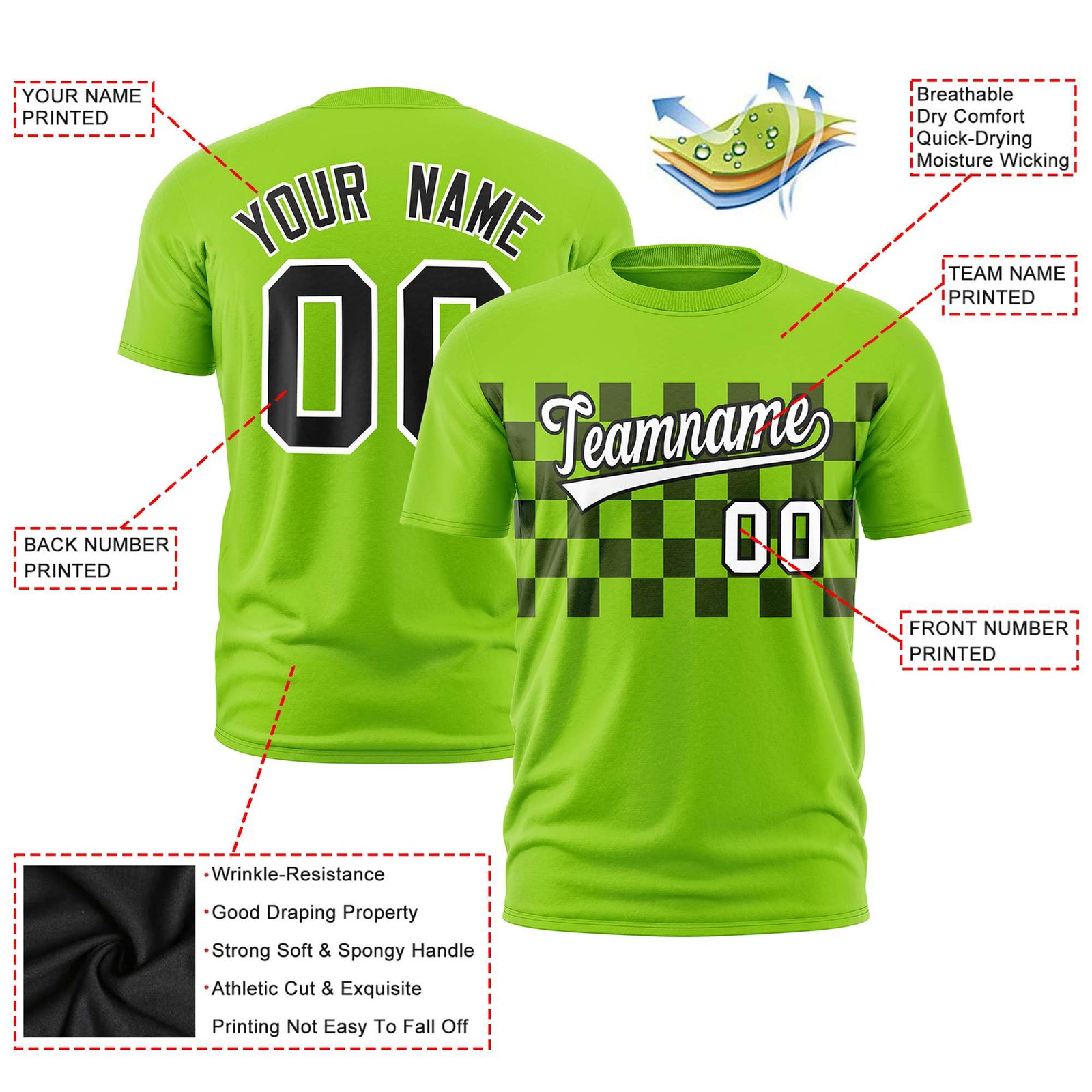 Custom Neon Green Navy Crew neck Plaid Pattern Personalized Performance T-Shirt