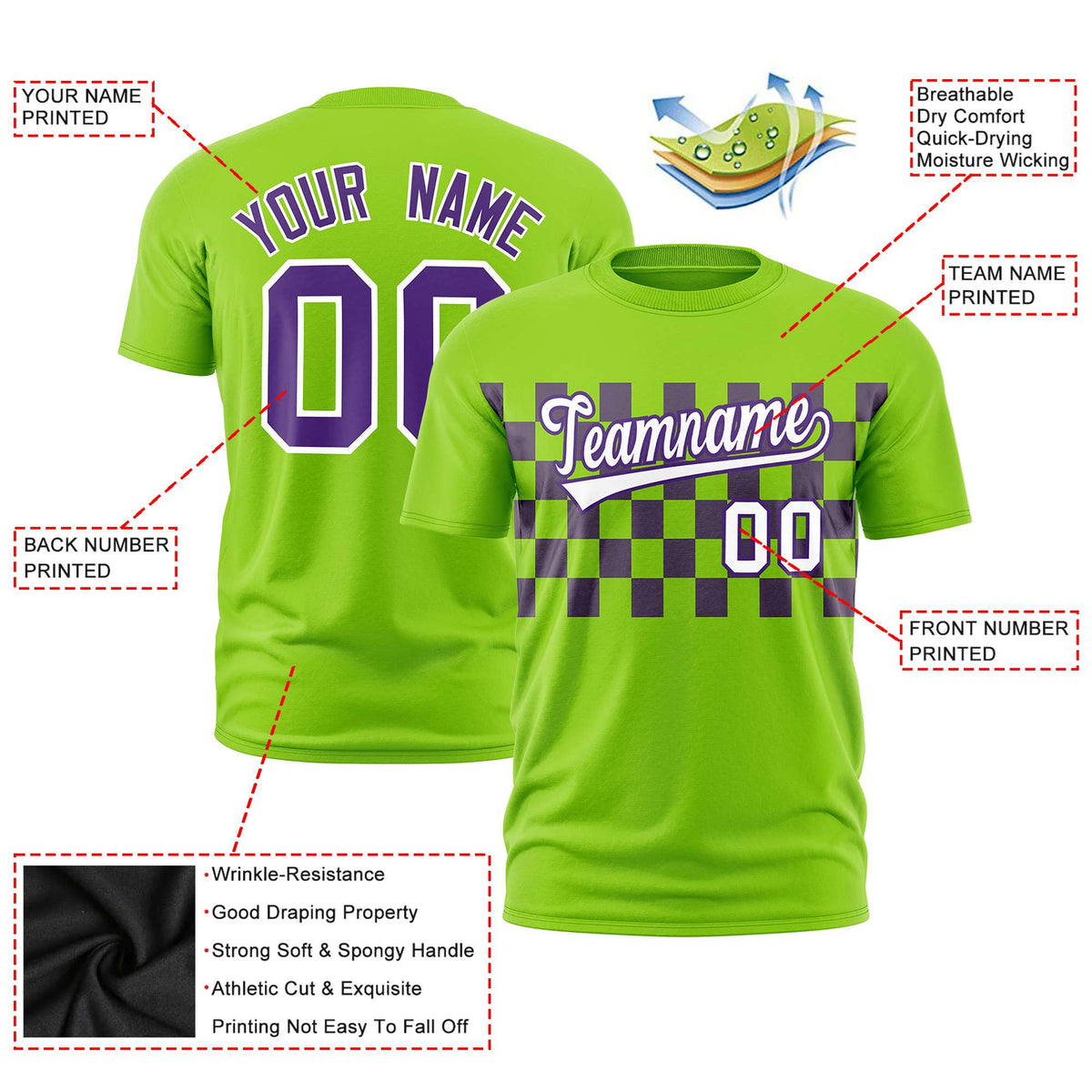 Custom Neon Green Purple Crew neck Plaid Pattern Personalized Performance T-Shirt