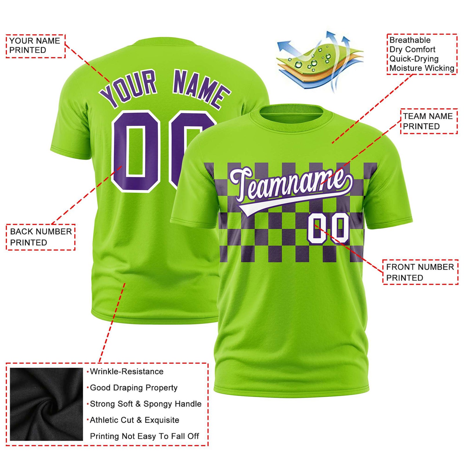 Custom Neon Green Purple Crew neck Plaid Pattern Personalized Performance T-Shirt