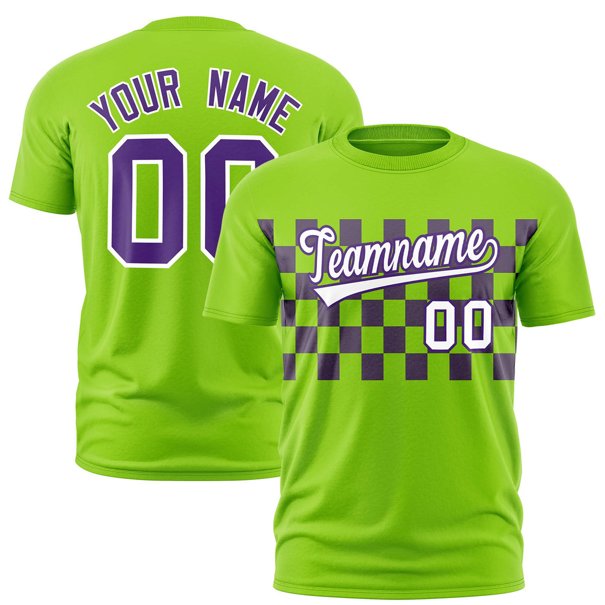 Custom Neon Green Purple Crew neck Plaid Pattern Personalized Performance T-Shirt