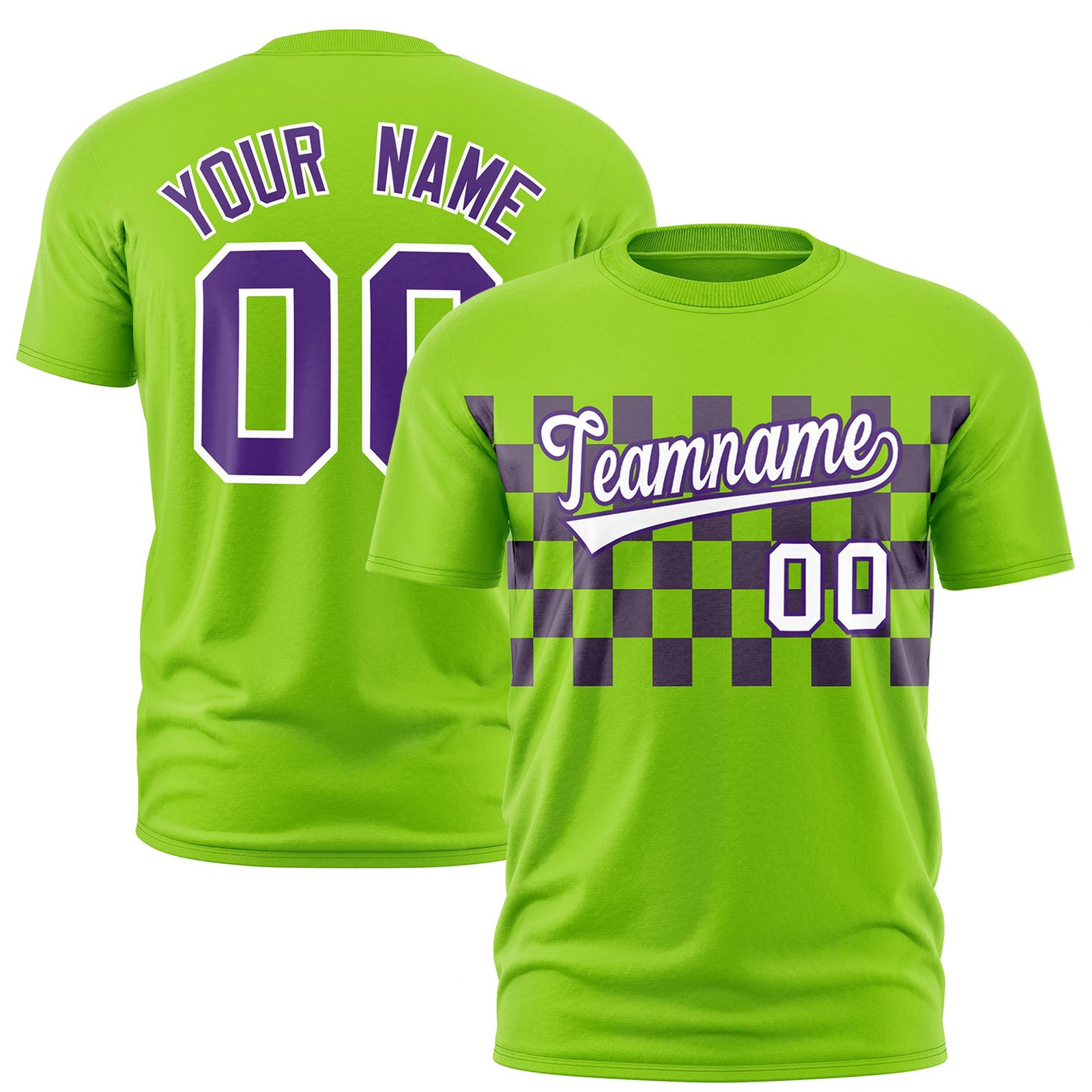 Custom Neon Green Purple Crew neck Plaid Pattern Personalized Performance T-Shirt