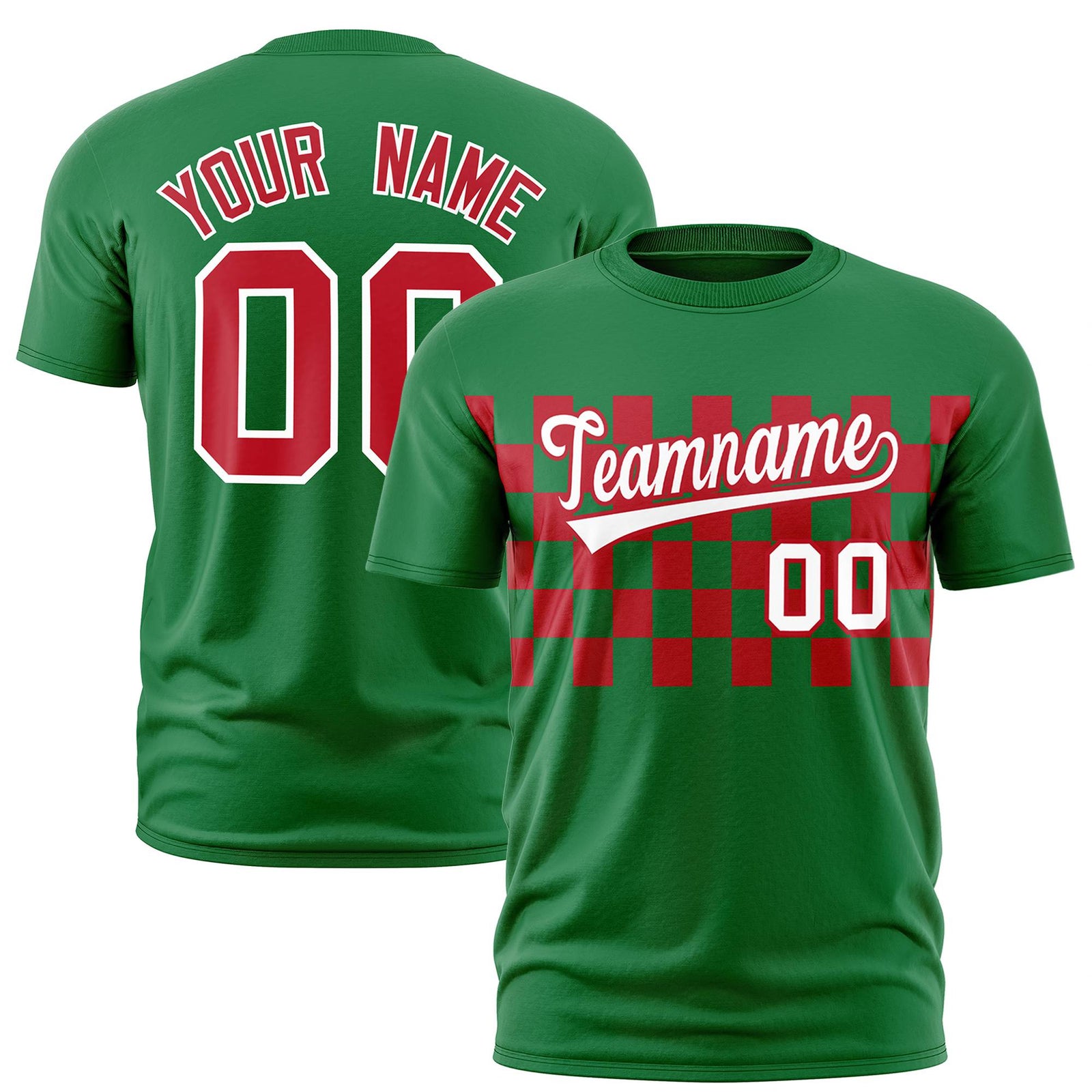 Custom Kelly Green Red Crew neck Plaid Pattern Personalized Performance T-Shirt