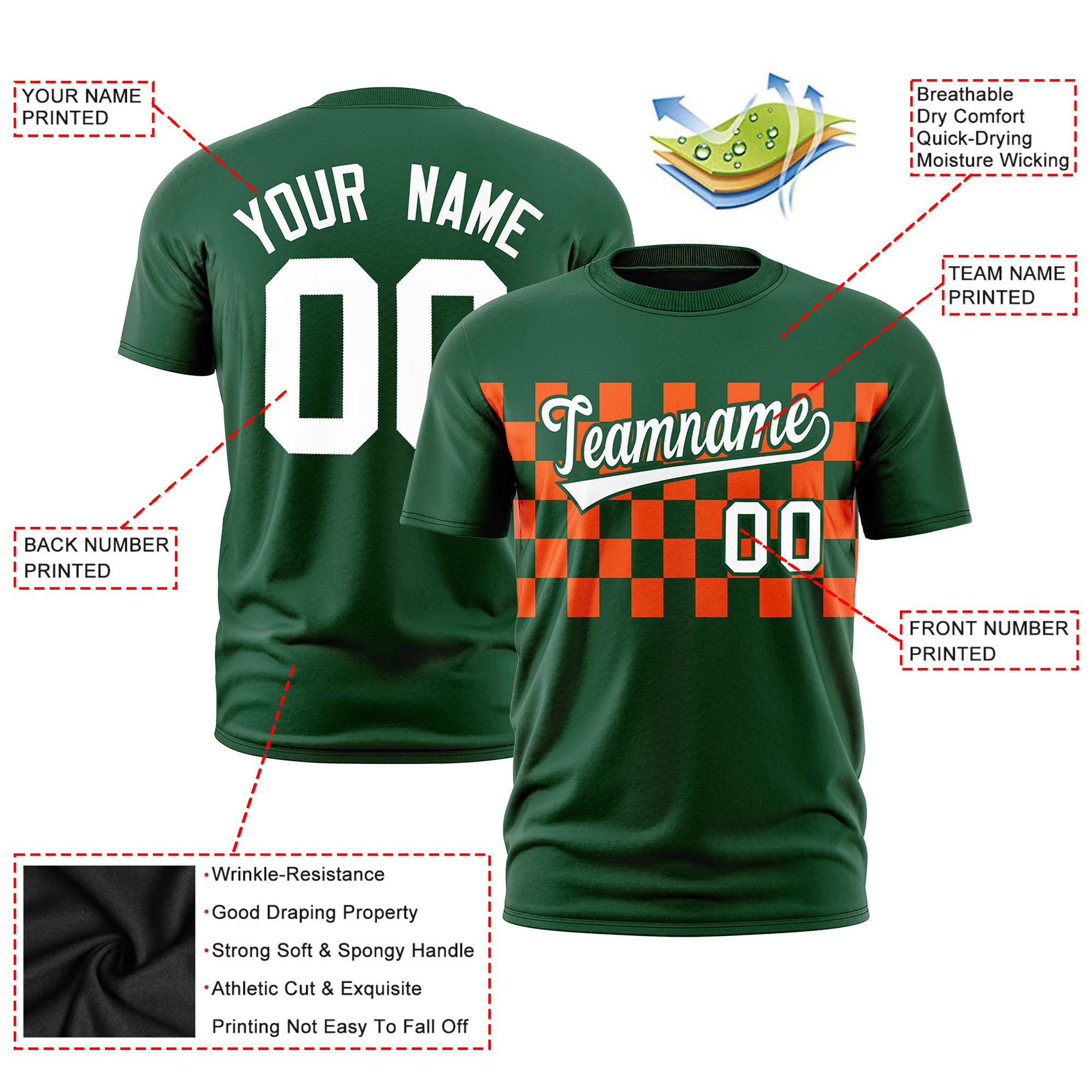 Custom Green Orange Crew neck Plaid Pattern Personalized Performance T-Shirt