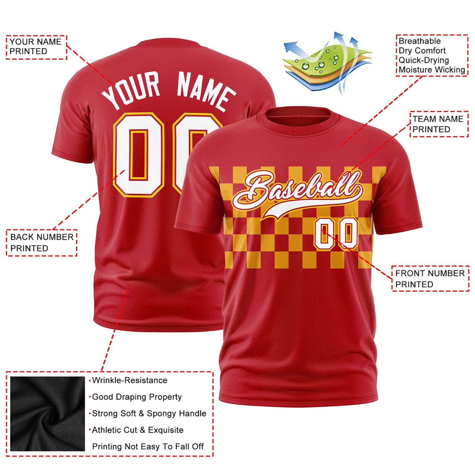 Custom Red Yellow Crew neck Plaid Pattern Personalized Performance T-Shirt
