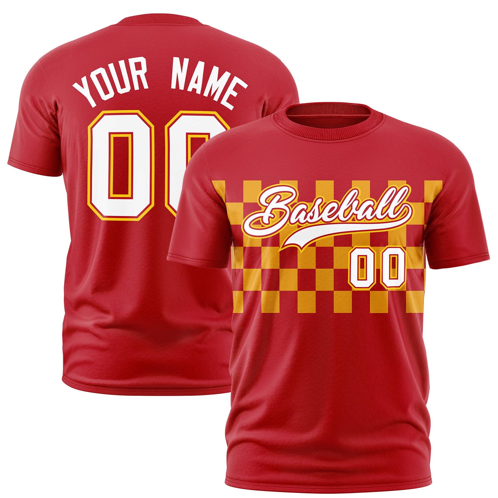 Custom Red Yellow Crew neck Plaid Pattern Personalized Performance T-Shirt
