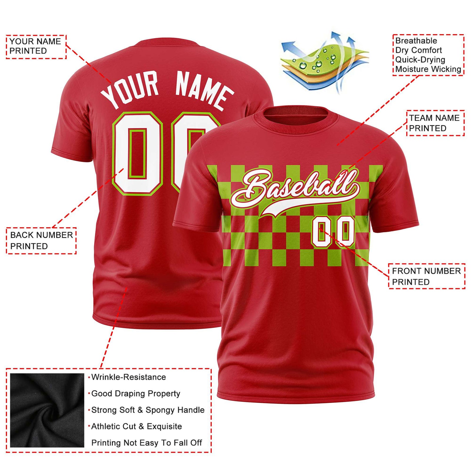 Custom Red Neon Green Crew neck Plaid Pattern Personalized Performance T-Shirt