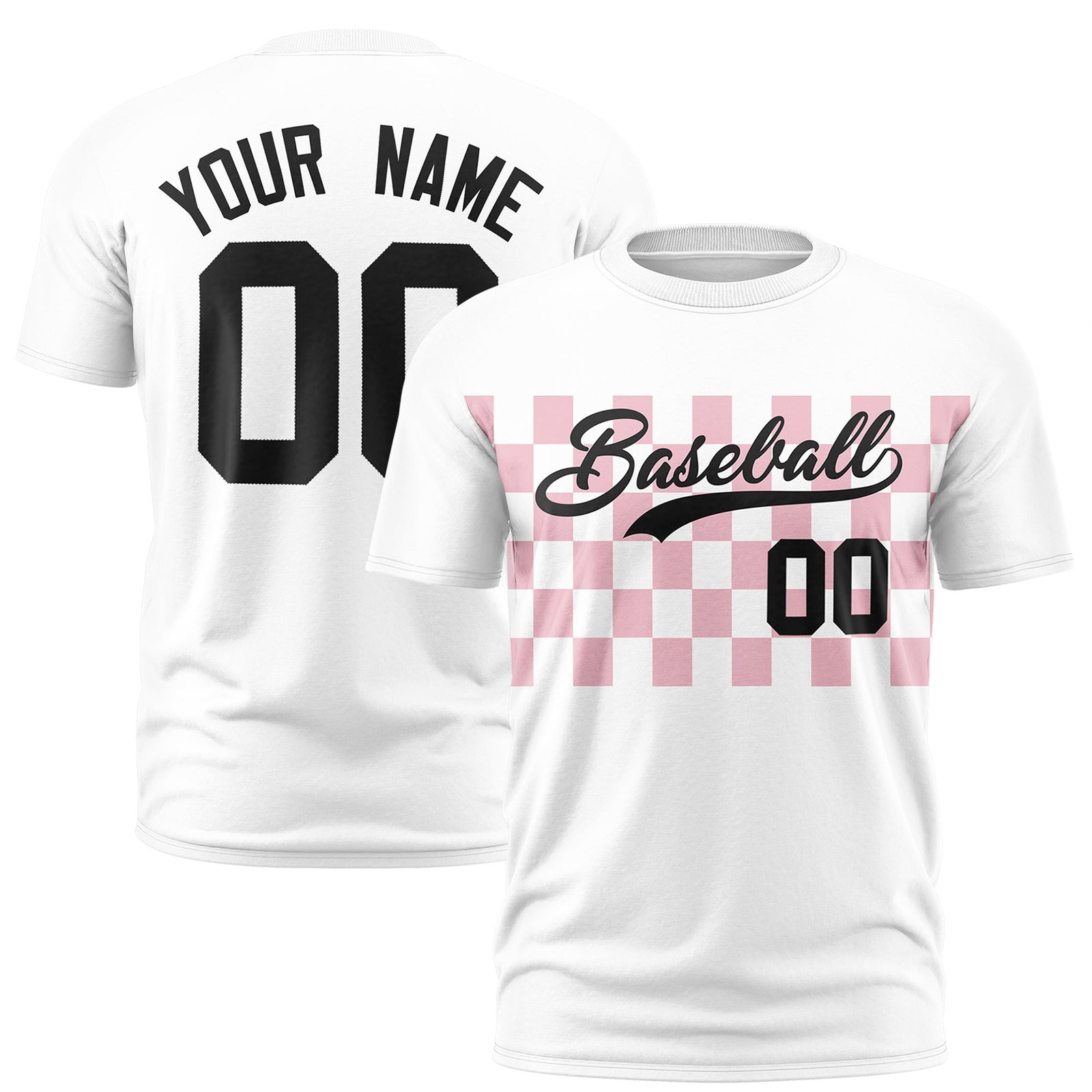 Custom White Light Pink Crew neck Plaid Pattern Personalized Performance T-Shirt