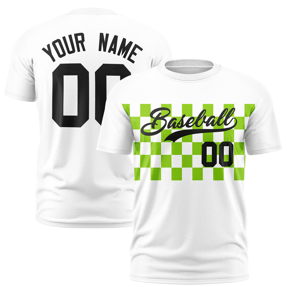 Custom White Neon Green Crew neck Plaid Pattern Personalized Performance T-Shirt