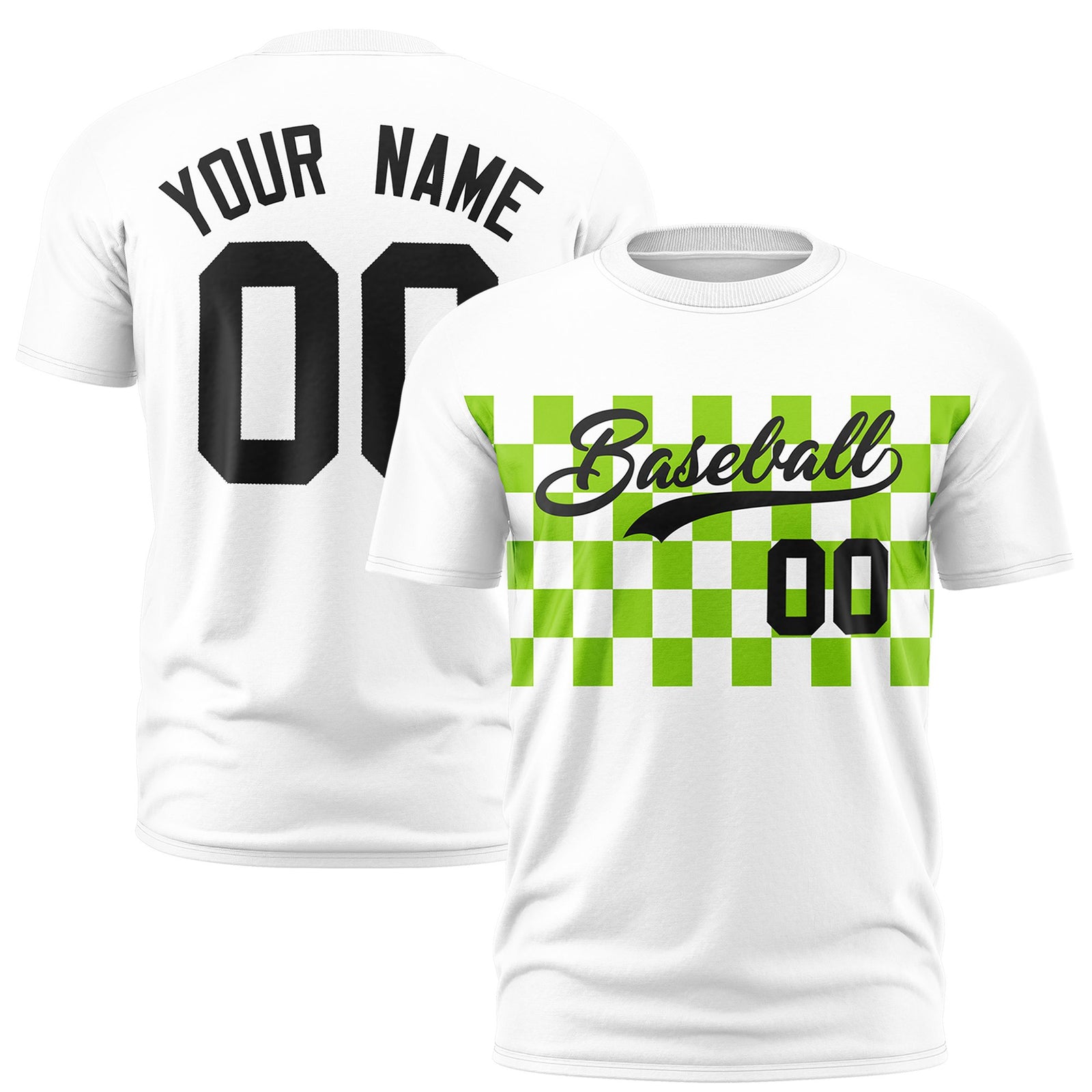 Custom White Neon Green Crew neck Plaid Pattern Personalized Performance T-Shirt