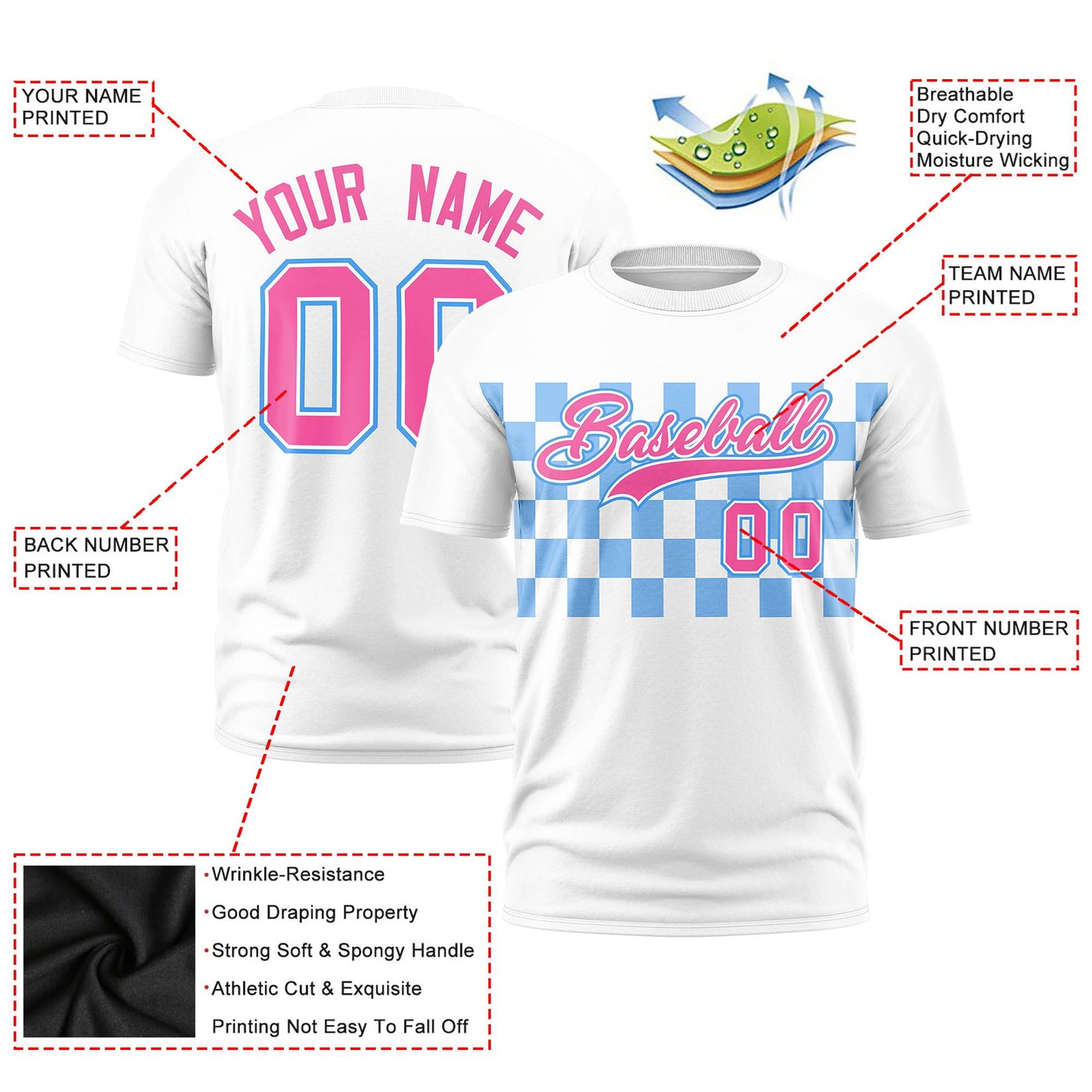 Custom White Powder Blue Crew neck Plaid Pattern Personalized Performance T-Shirt