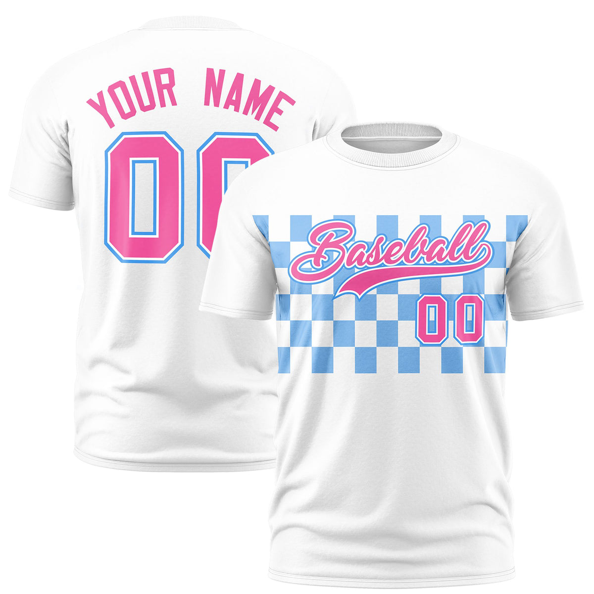 Custom White Powder Blue Crew neck Plaid Pattern Personalized Performance T-Shirt