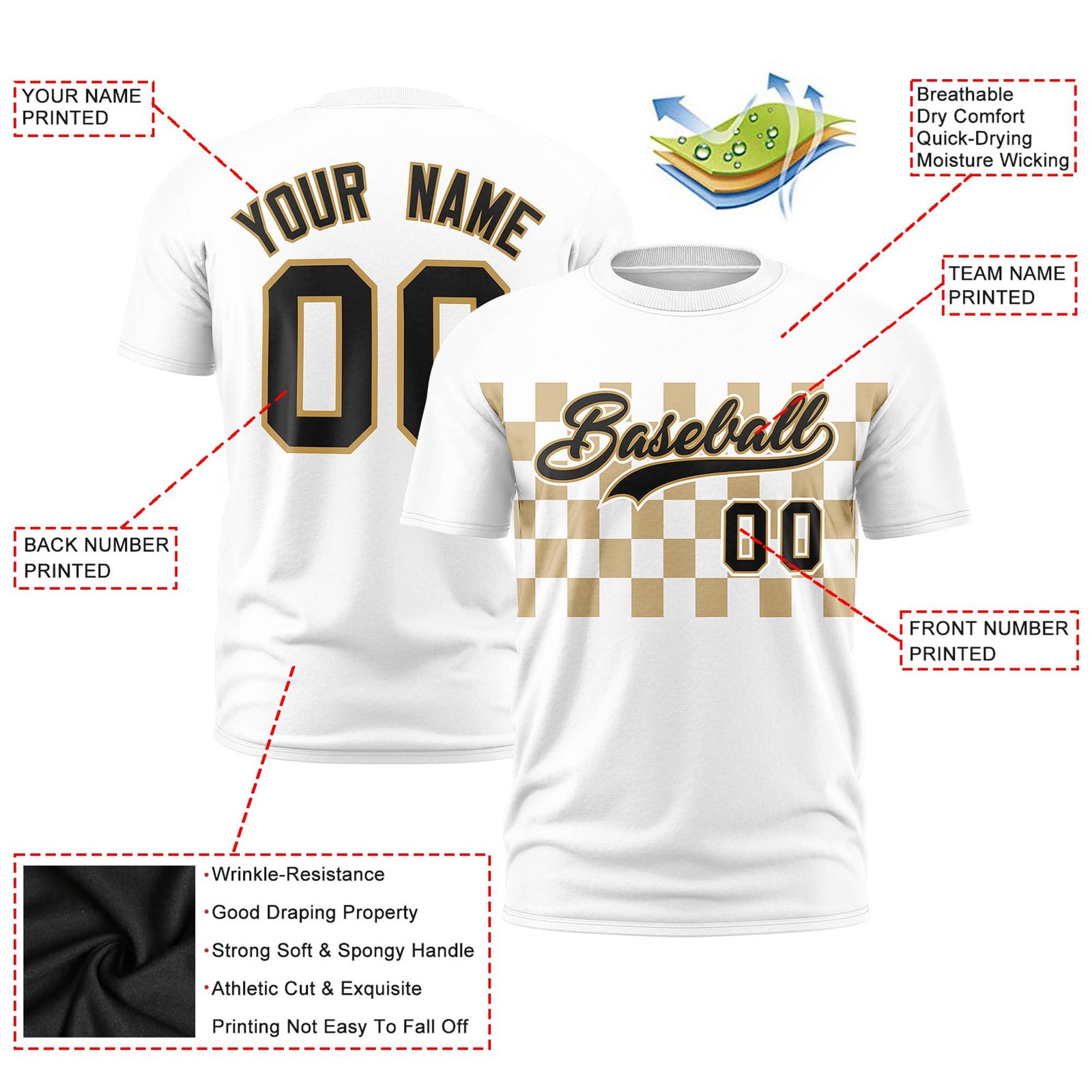 Custom White Old Gold Crew neck Plaid Pattern Personalized Performance T-Shirt