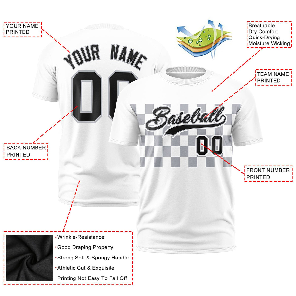 Custom White Gray Crew neck Plaid Pattern Personalized Performance T-Shirt