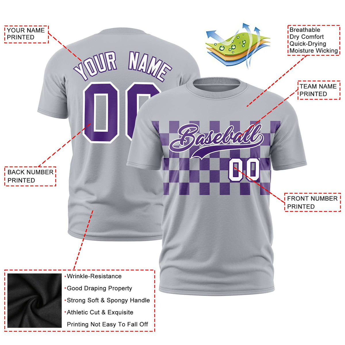 Custom Gray Purple Crew neck Plaid Pattern Personalized Performance T-Shirt