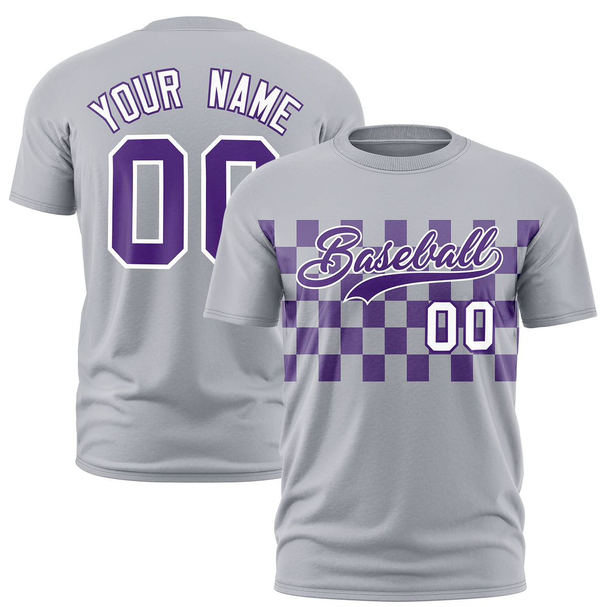 Custom Gray Purple Crew neck Plaid Pattern Personalized Performance T-Shirt