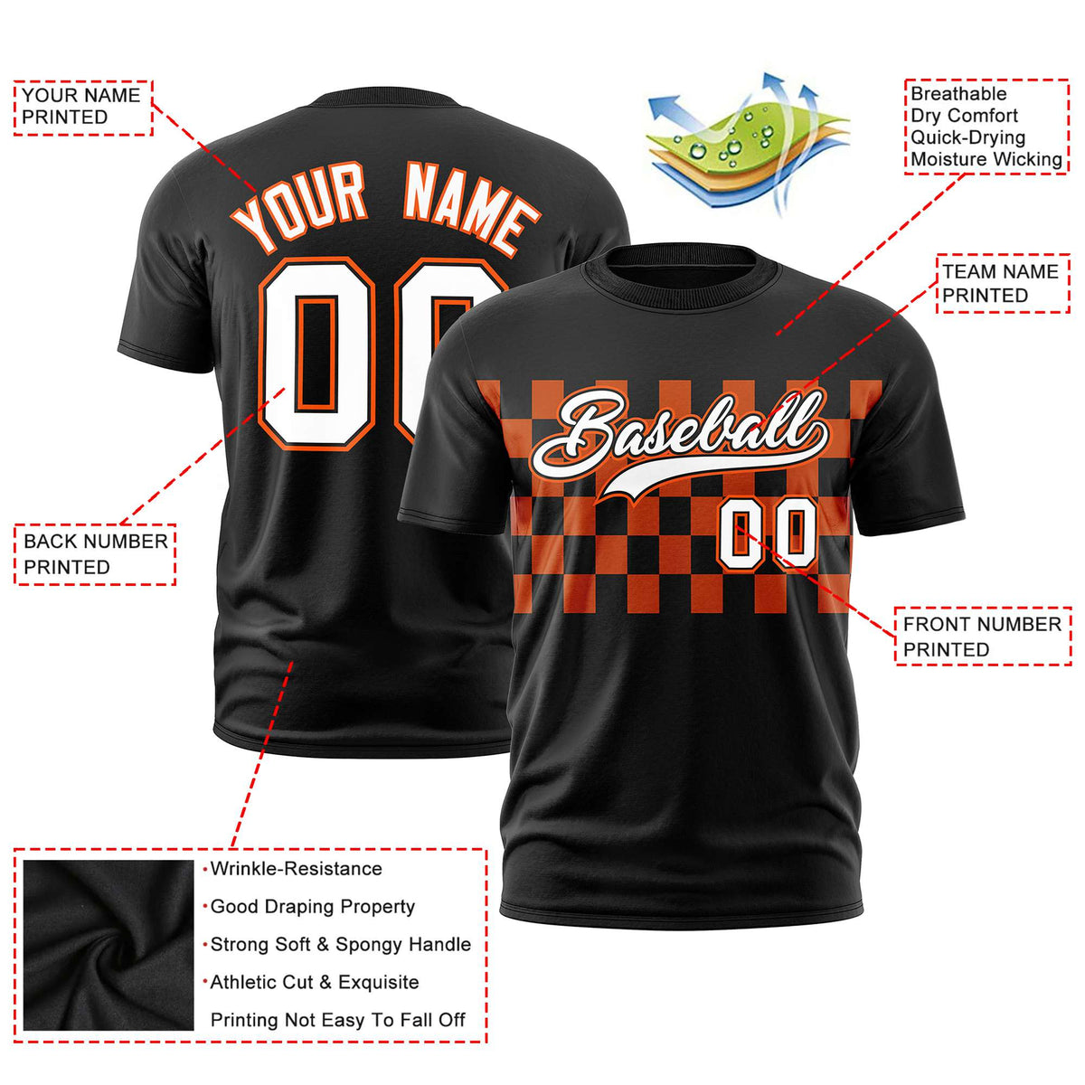Custom Black Orange Crew neck Plaid Pattern Personalized Performance T-Shirt