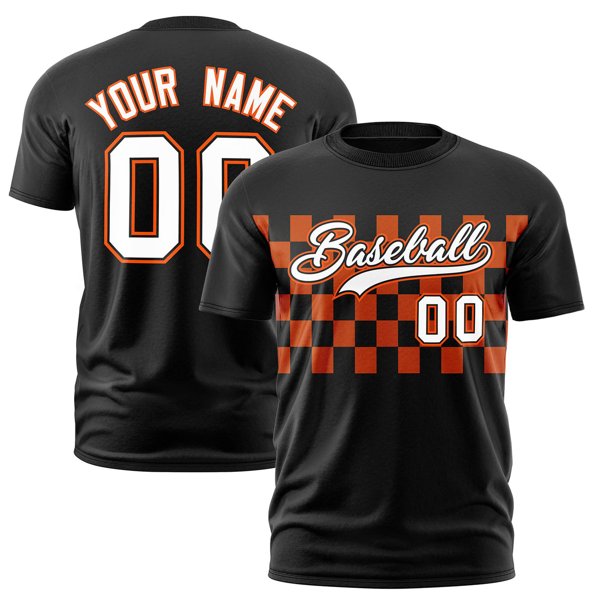 Custom Black Orange Crew neck Plaid Pattern Personalized Performance T-Shirt