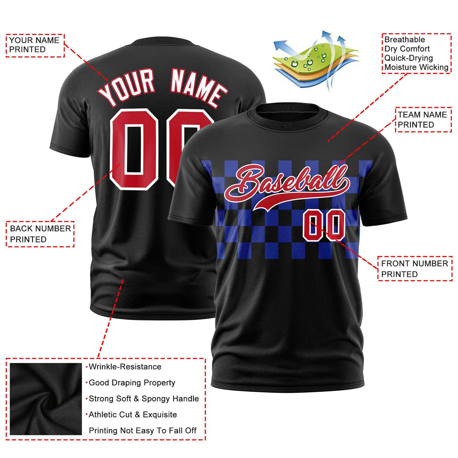 Custom Black Royal Blue Crew neck Plaid Pattern Personalized Performance T-Shirt